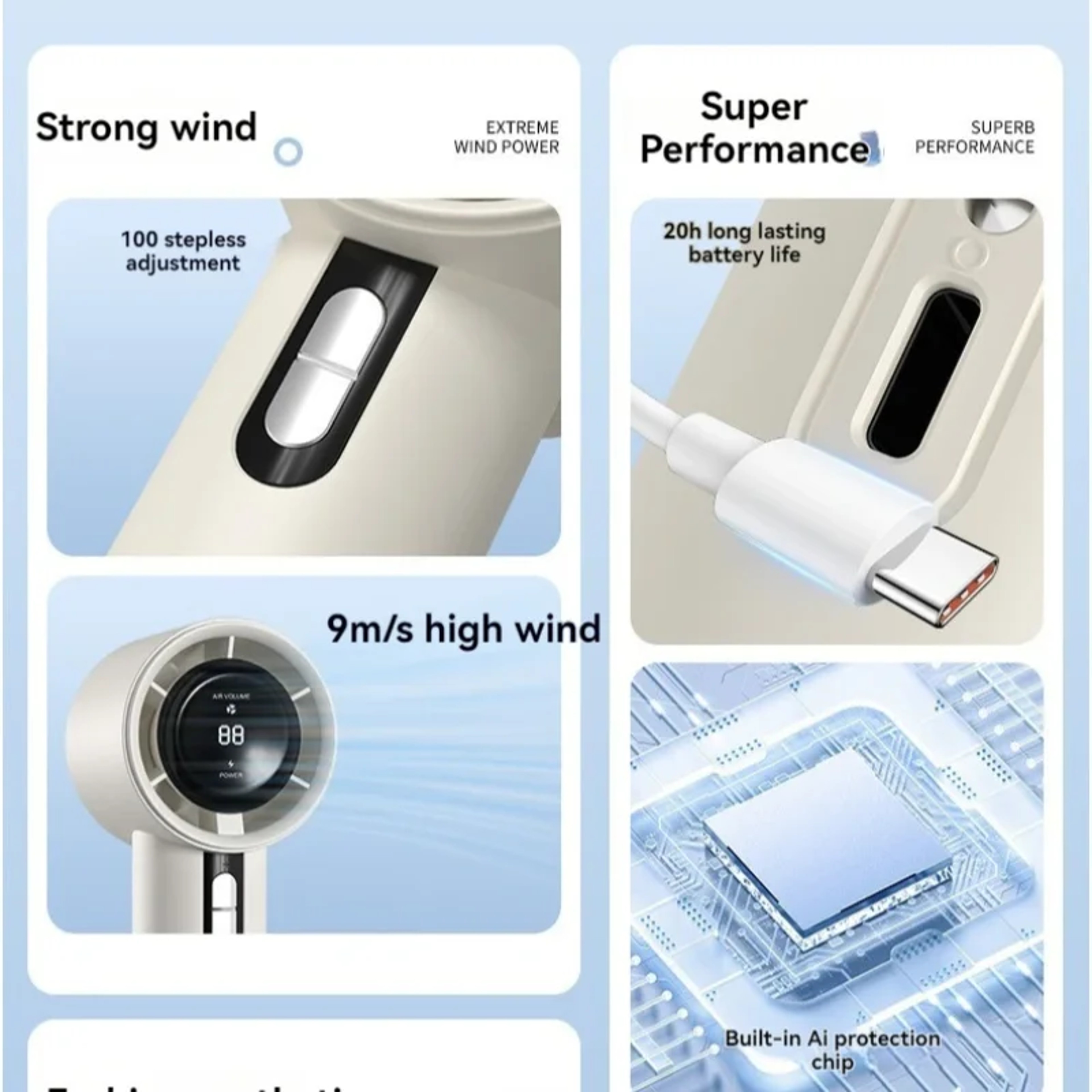 Portable Turbo Handheld Fan USB Rechargeable Mini Cooling Fan With 100 Speed Settings  3000mAh Batt 4