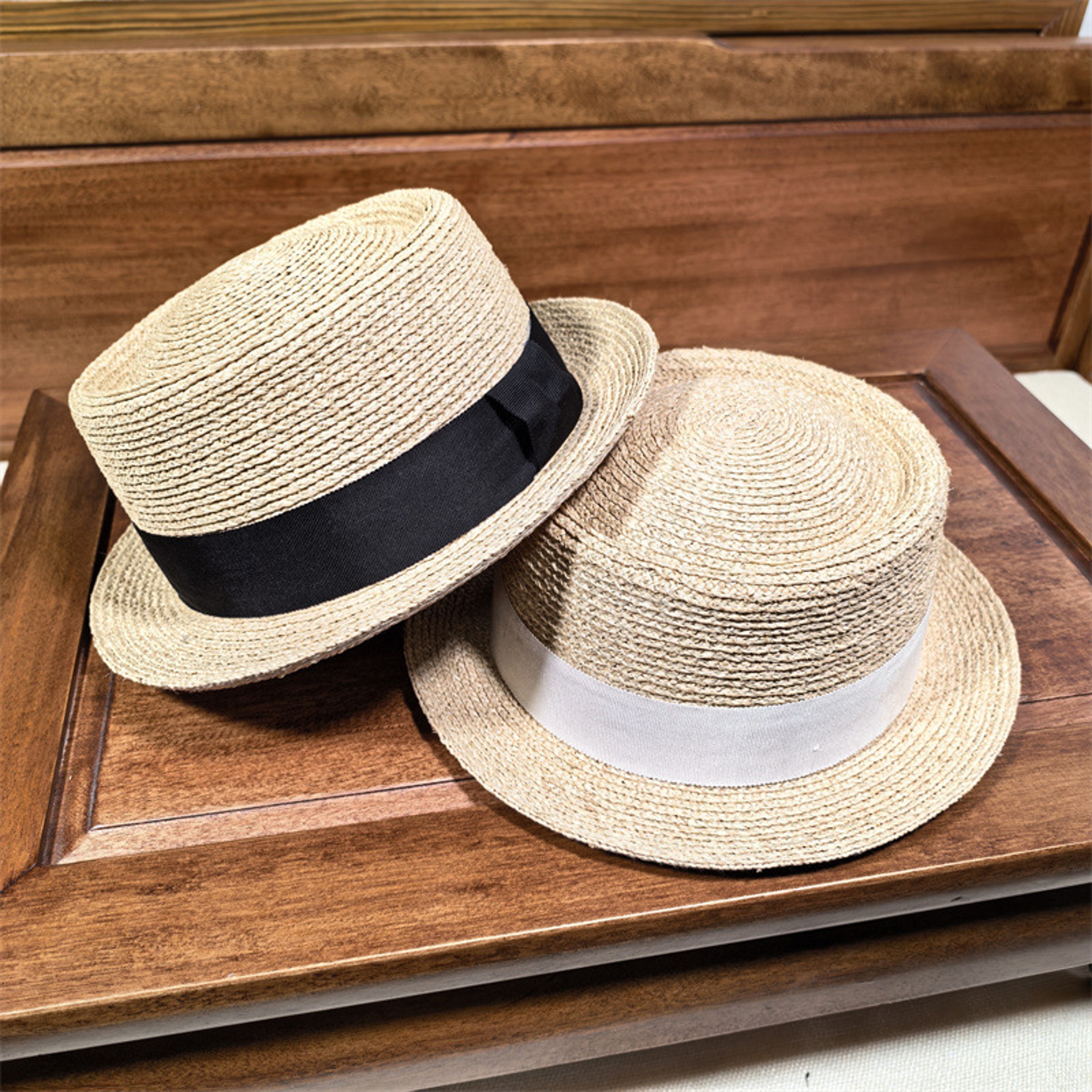 French Vintage Straw Boater Hat With Black Ribbon Elegant Summer Sun Hat For Women  Men 0