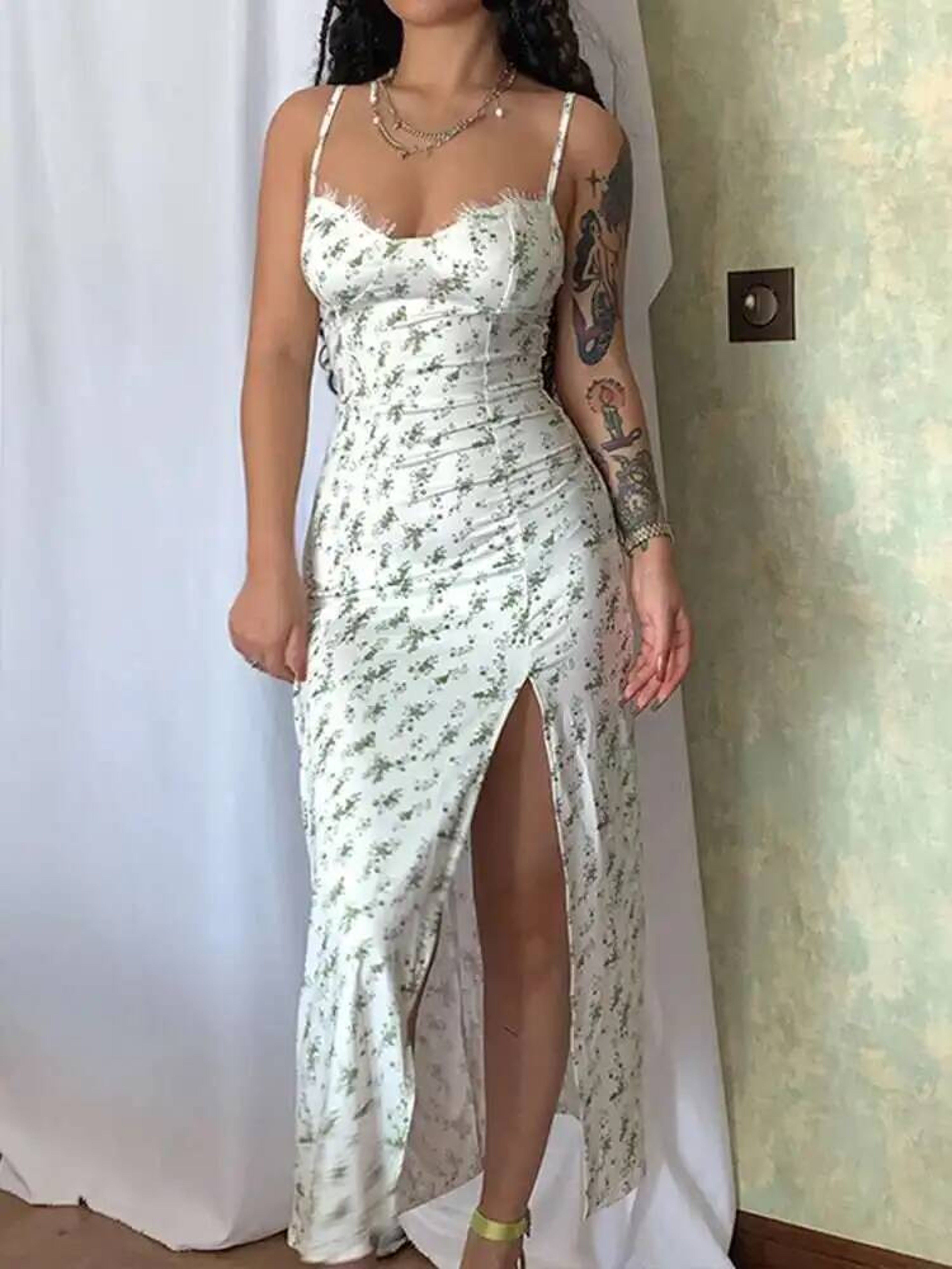 Printed Midi Dress For Women Spaghetti Strap Bodycon Party Dress With High Slit 0