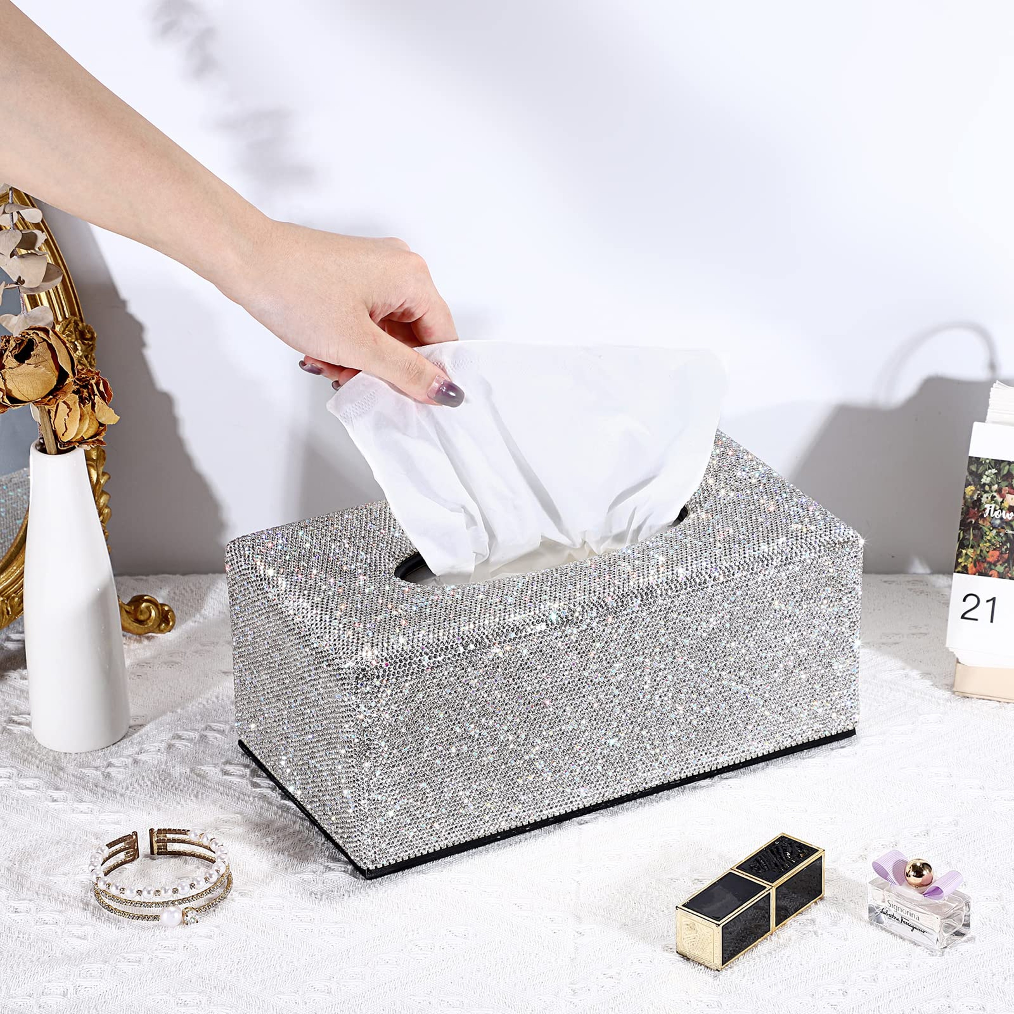 Luxury Car Tissue Holder With Sparkling Rhinestone Crystal Cover For Stylish Car Interior Decor 2