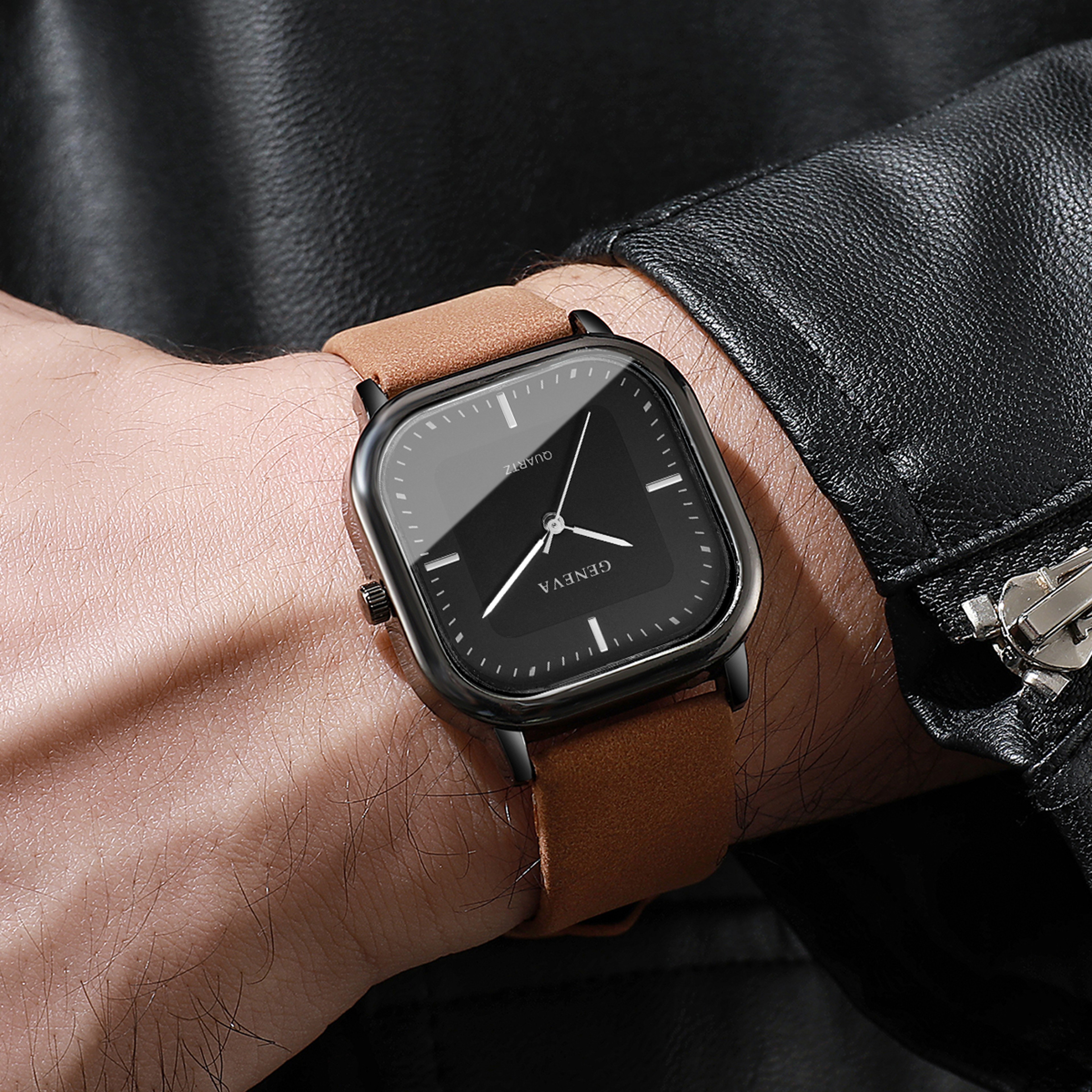 Minimalist Mens Quartz Wristwatch With Leather Strap  Square Dial 2