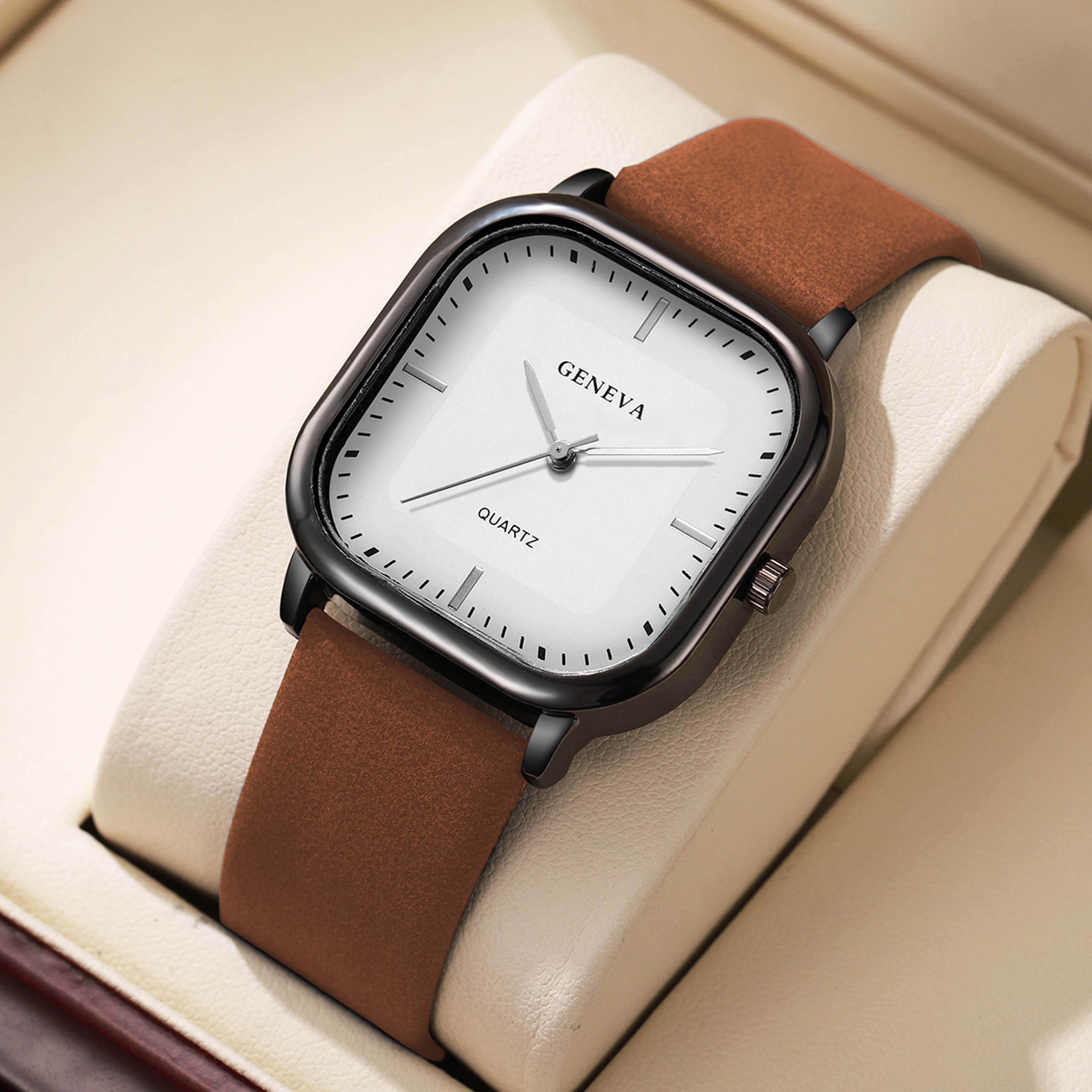 Minimalist Mens Quartz Wristwatch With Leather Strap  Square Dial 6