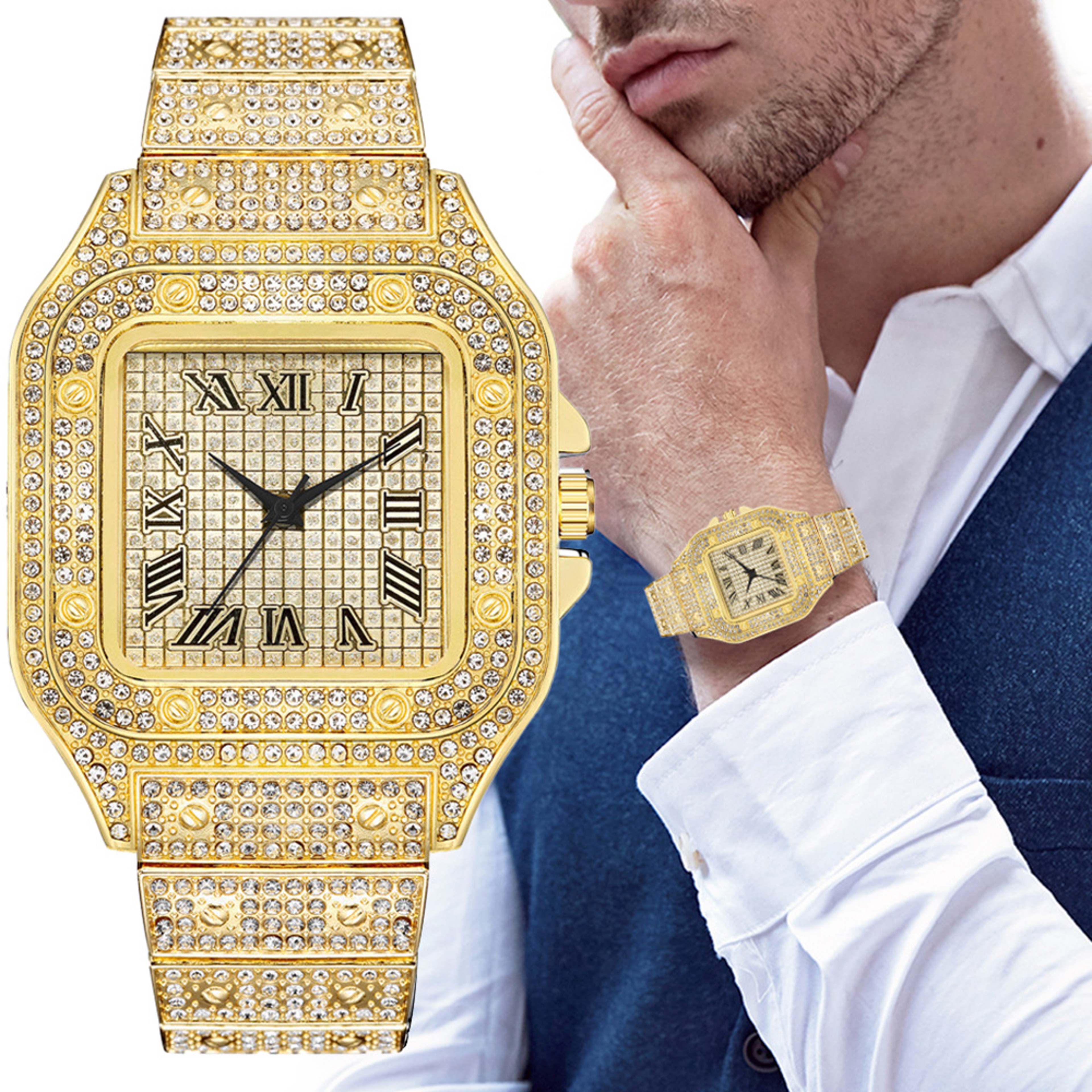 Luxury Mens Square Watch with Stainless Steel Strap & Roman Dial Business Quartz Wristwatch – view 2