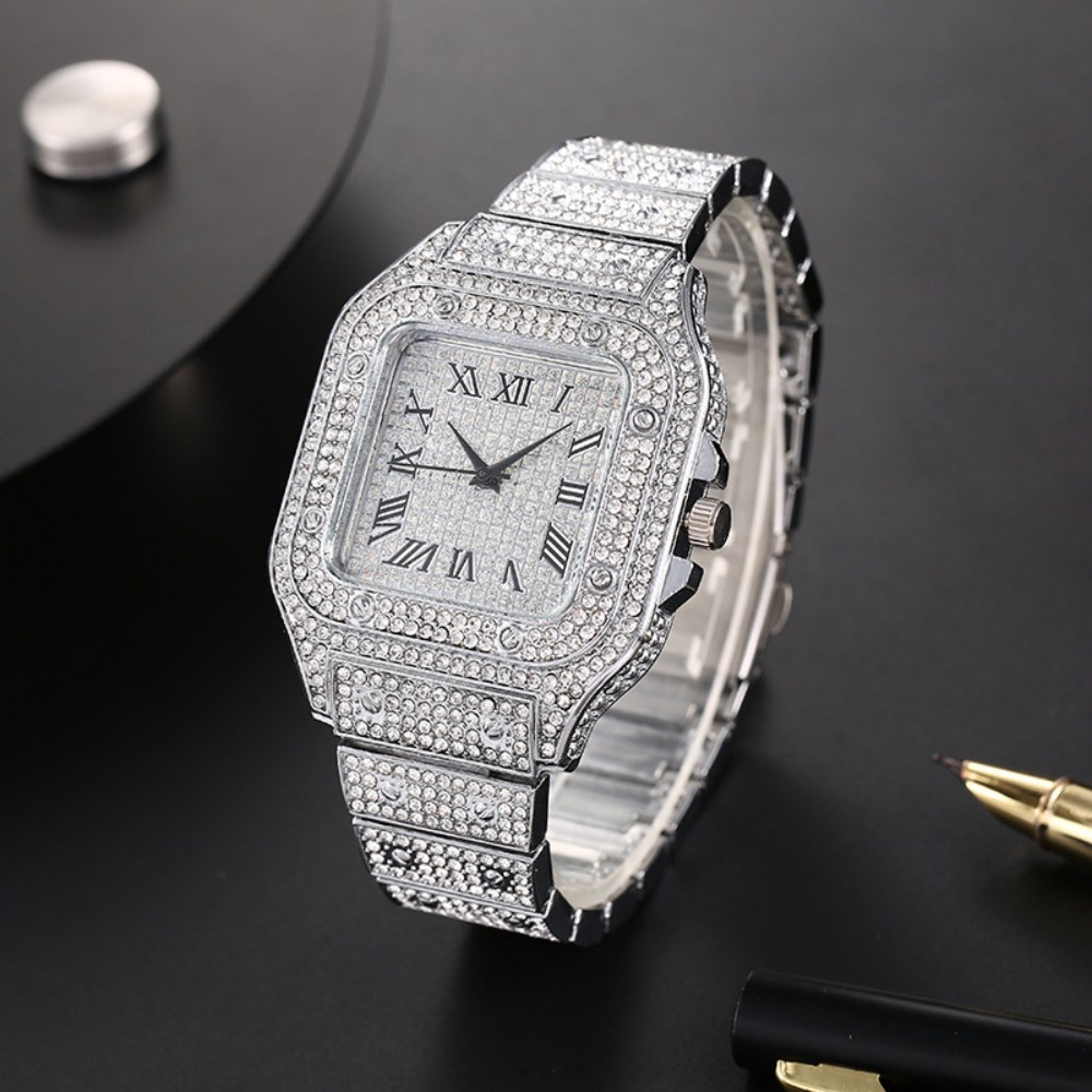 Luxury Mens Square Watch with Stainless Steel Strap & Roman Dial Business Quartz Wristwatch – view 4