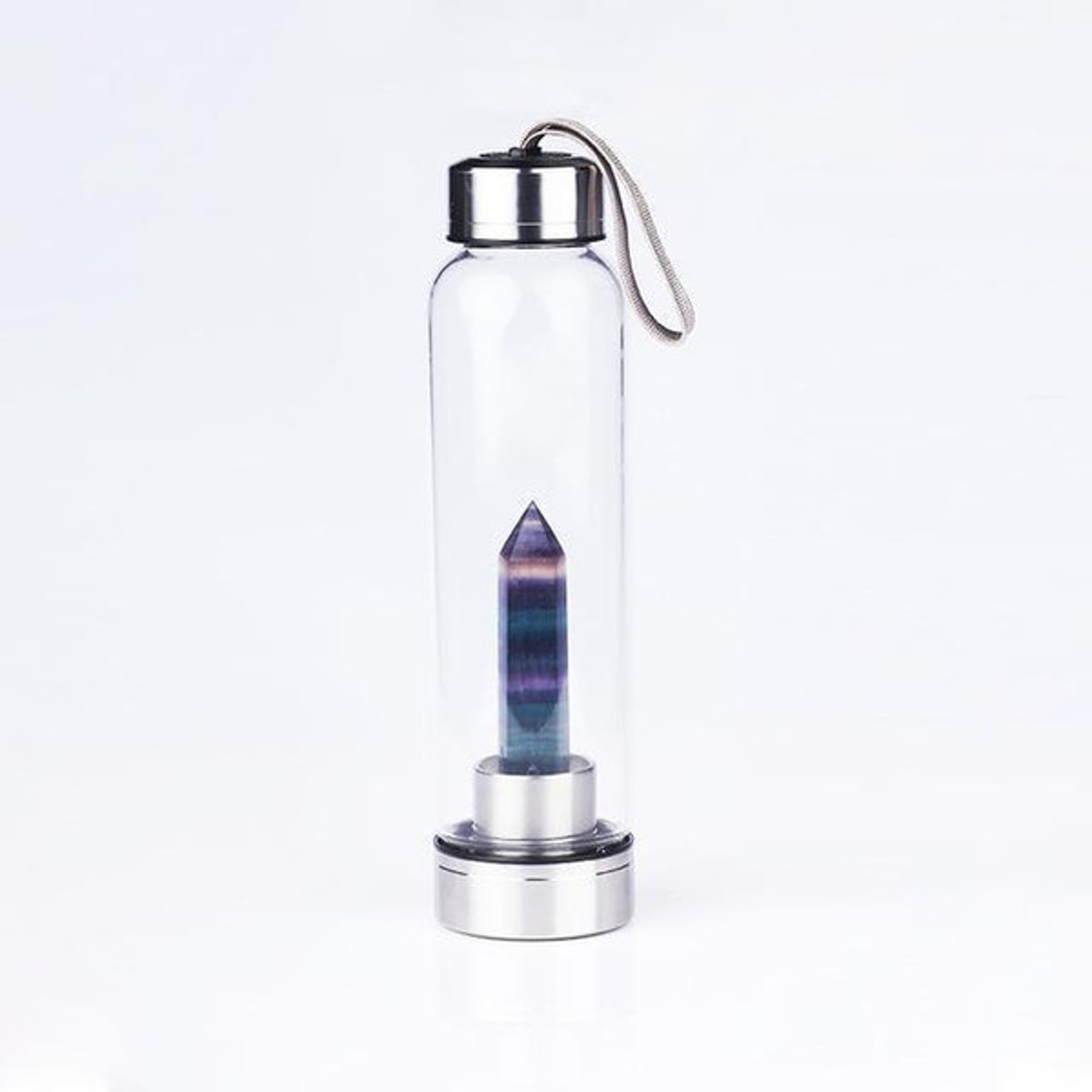 Healing Natural Quartz Water Bottle – Elegant Glass and Stainless Steel, Enhances Well-Being, Hand Wash Only Fluorite