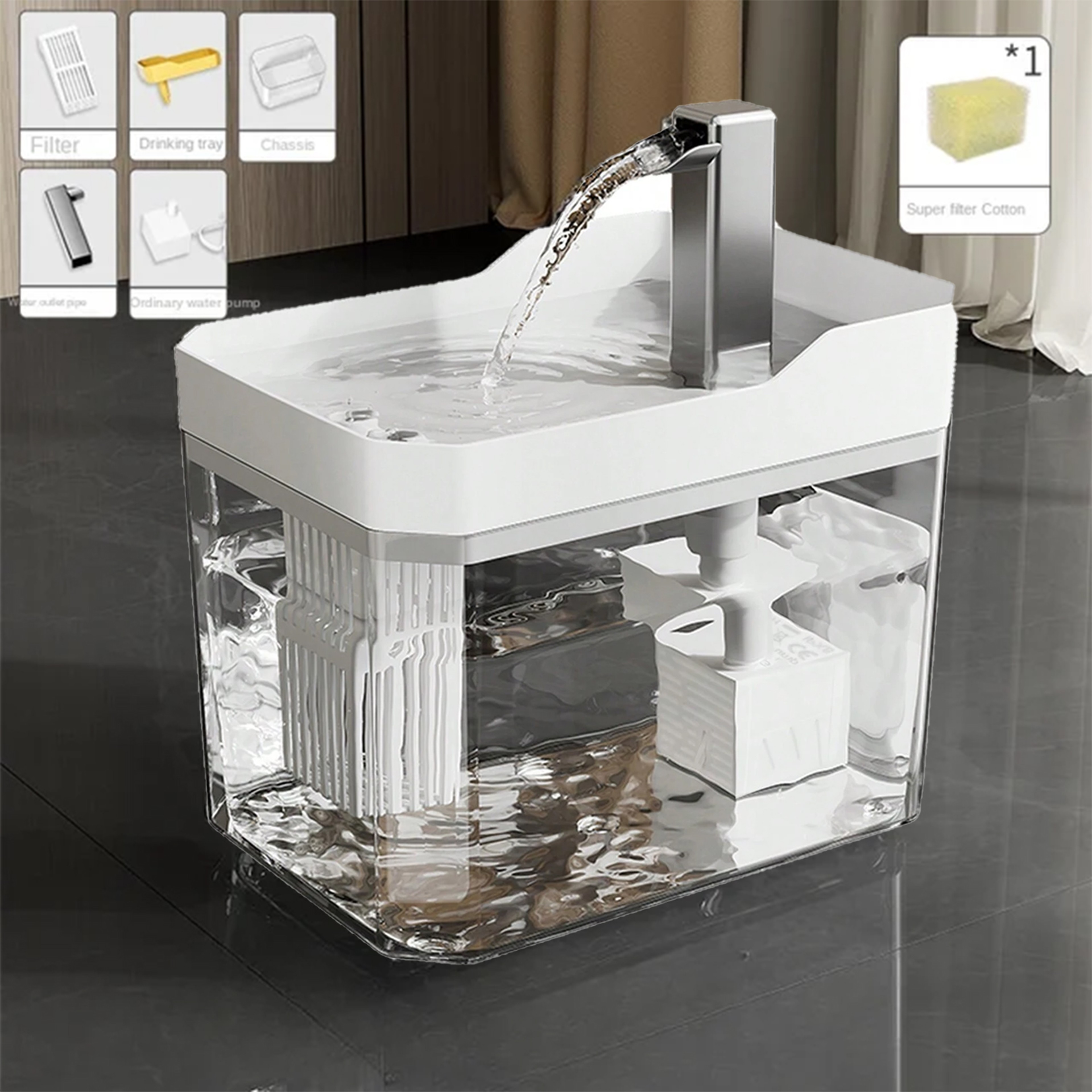 Automatic Cat Drinker Fountain Recirculating Filtering Water Dispenser with Transparent Design  An