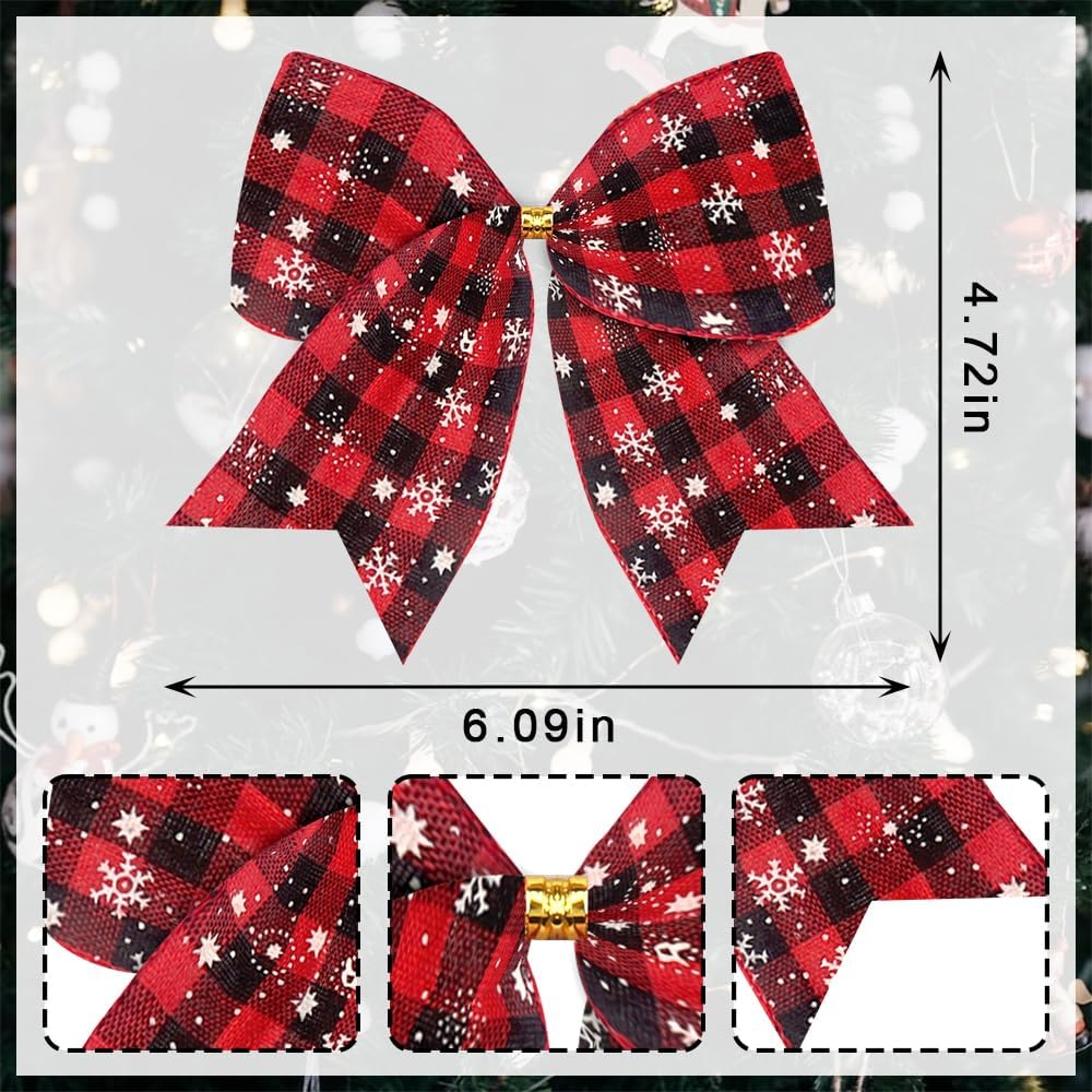 Red Black Buffalo Plaid Winter Bows, 10 PCS Christmas Wreath Bows, Holiday Snowflake Craft Tree Bows – view 5
