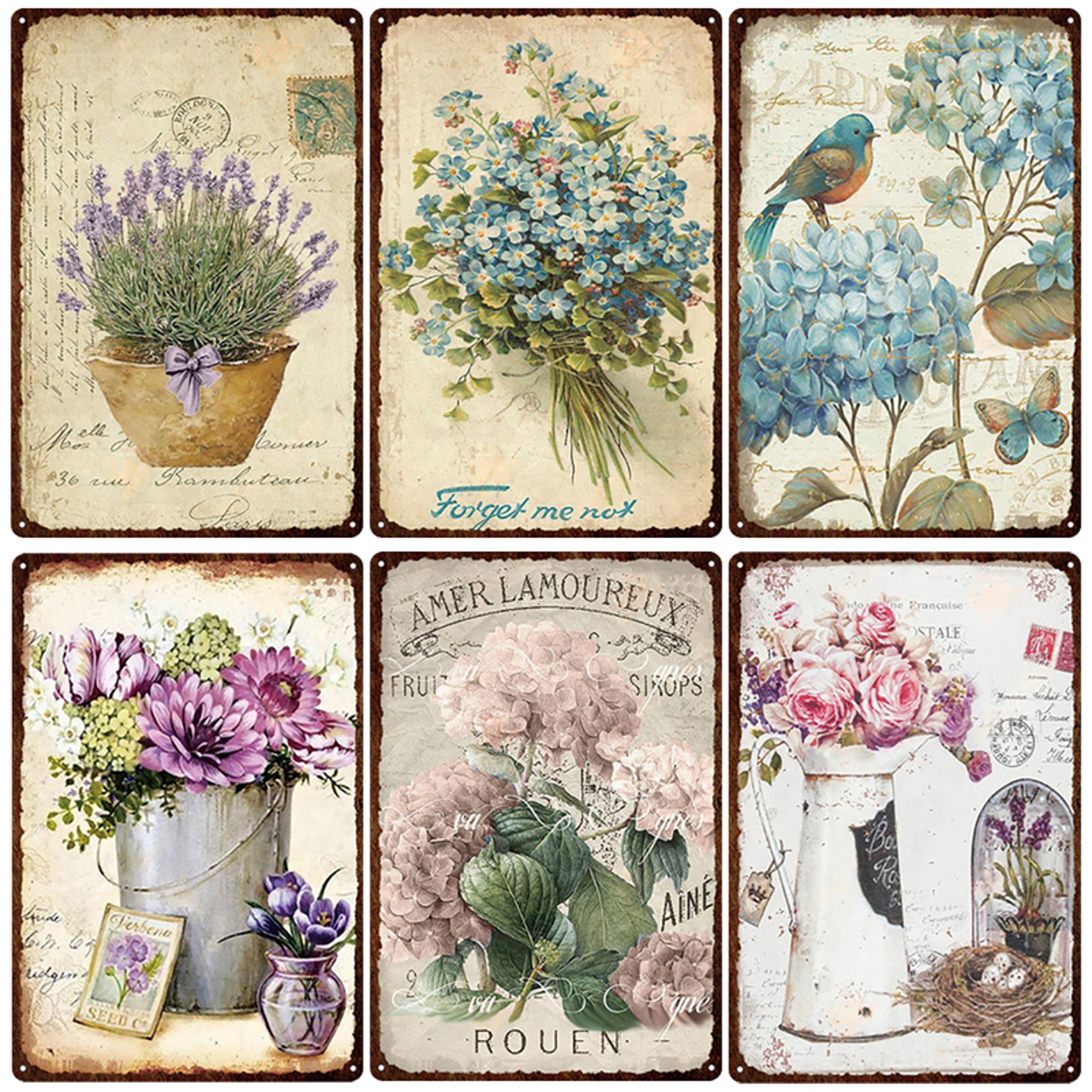 Flowers Metal Tin Sign, Retro Plates Rose Peony Lavender Art Plaque, Vintage Poster, Garden Room Wall Decor Gift – view 1