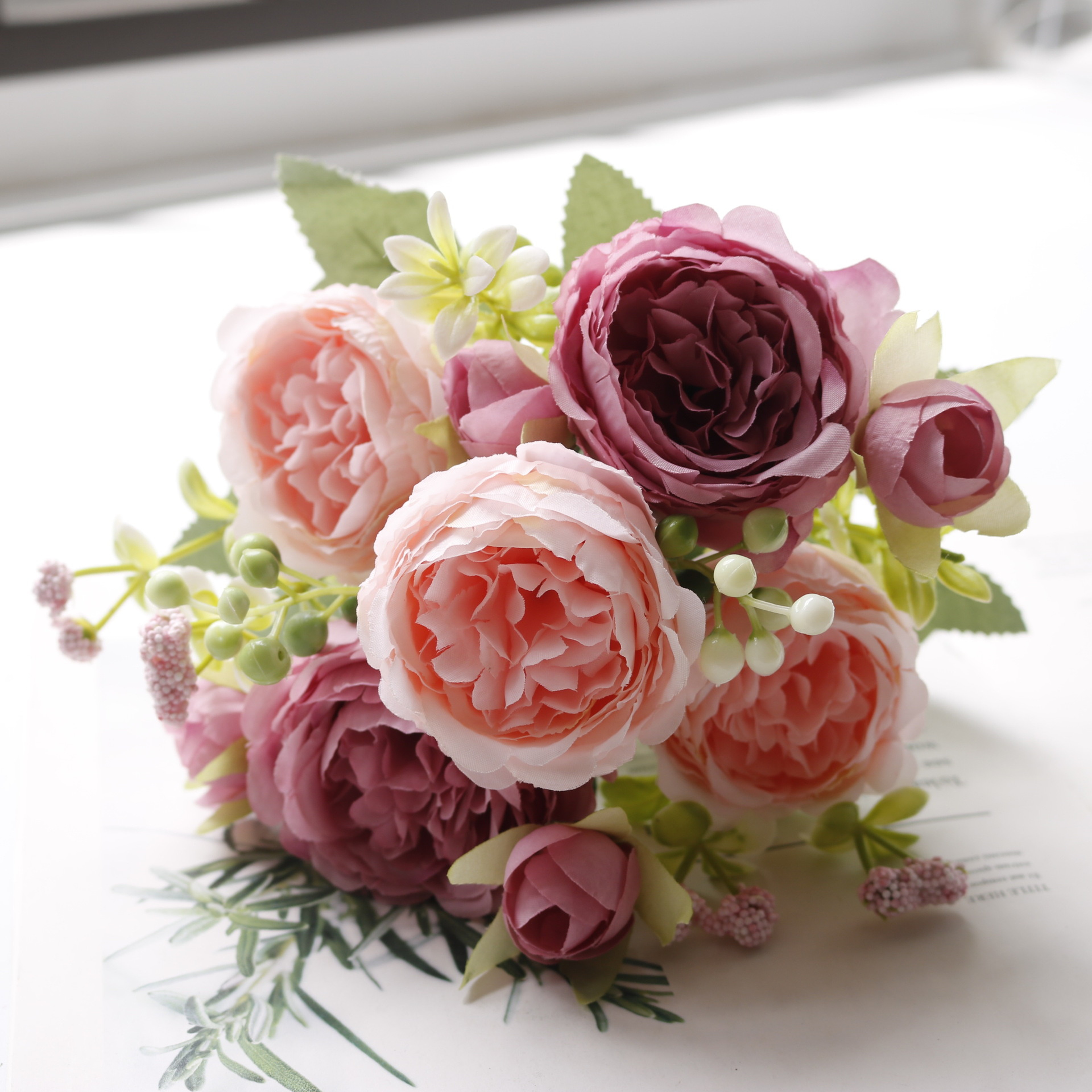 Rose Pink Silk Bouquet Peony Artificial Flower 5 Big Heads  4 Small Buds Bride Wedding Home Decorat 10