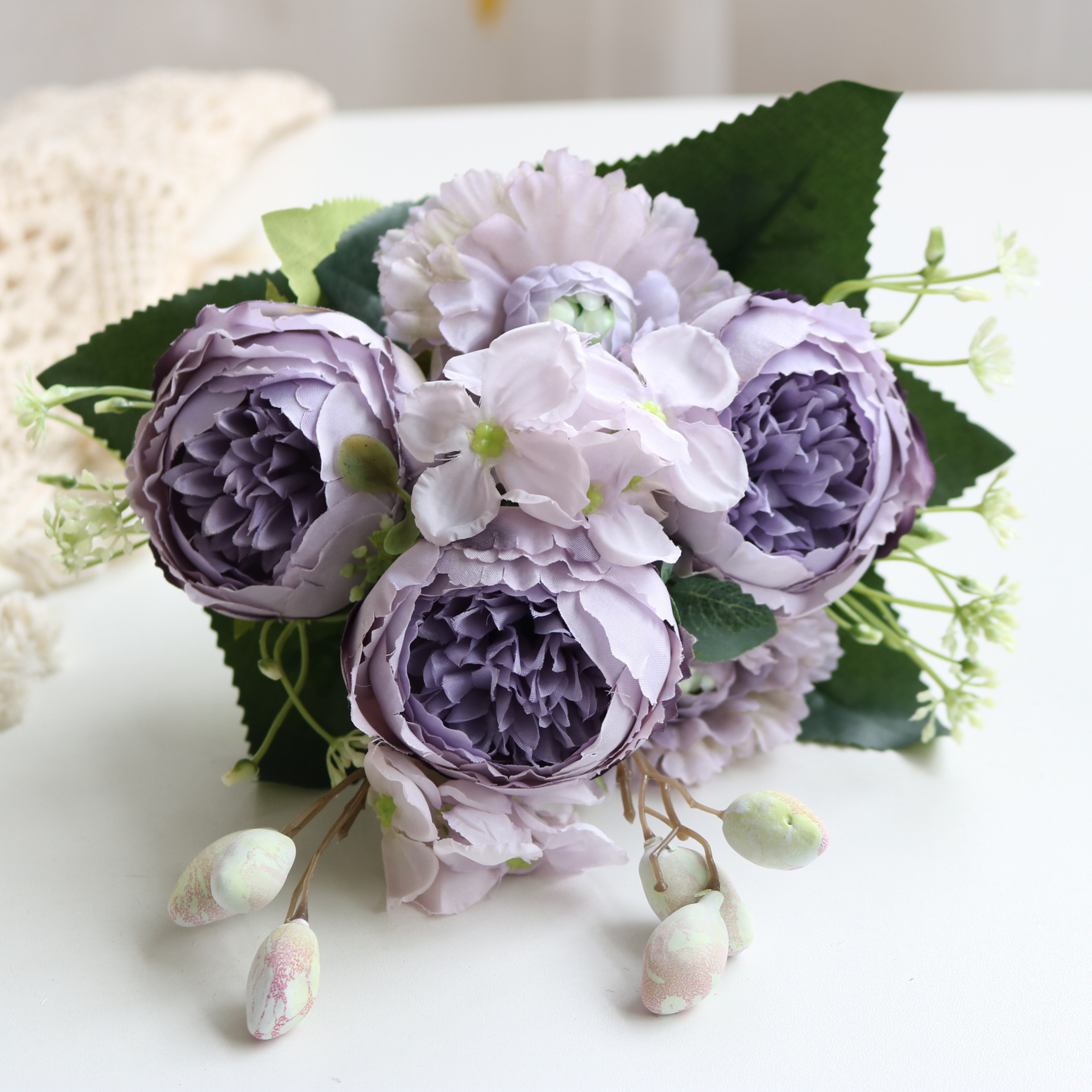 Rose Pink Silk Bouquet Peony Artificial Flower 5 Big Heads  4 Small Buds Bride Wedding Home Decorat 32