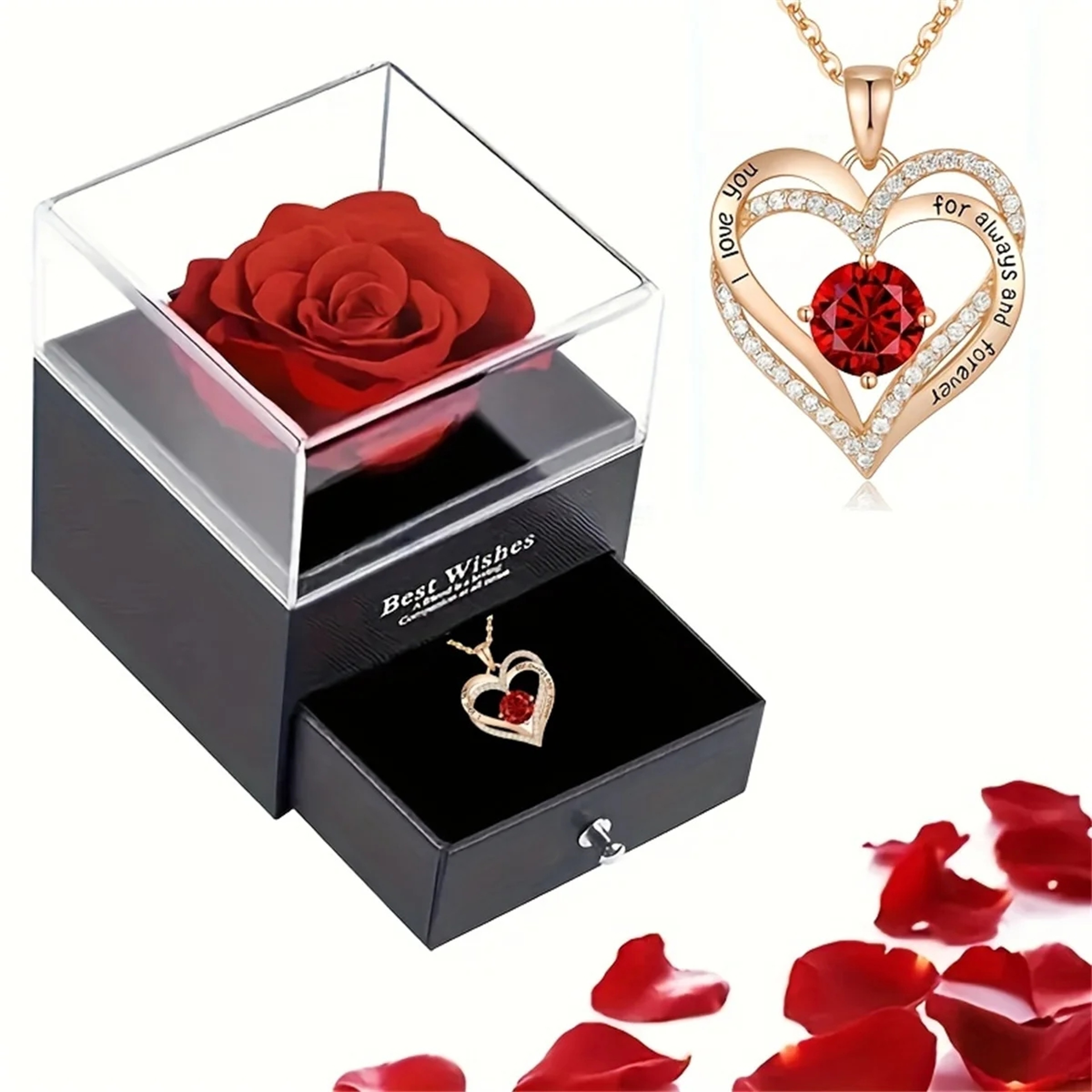 Luxury Red Zircon Pendant Necklace With Rose Flower Gift Box I Love You Gifts For Girlfriend Women  6