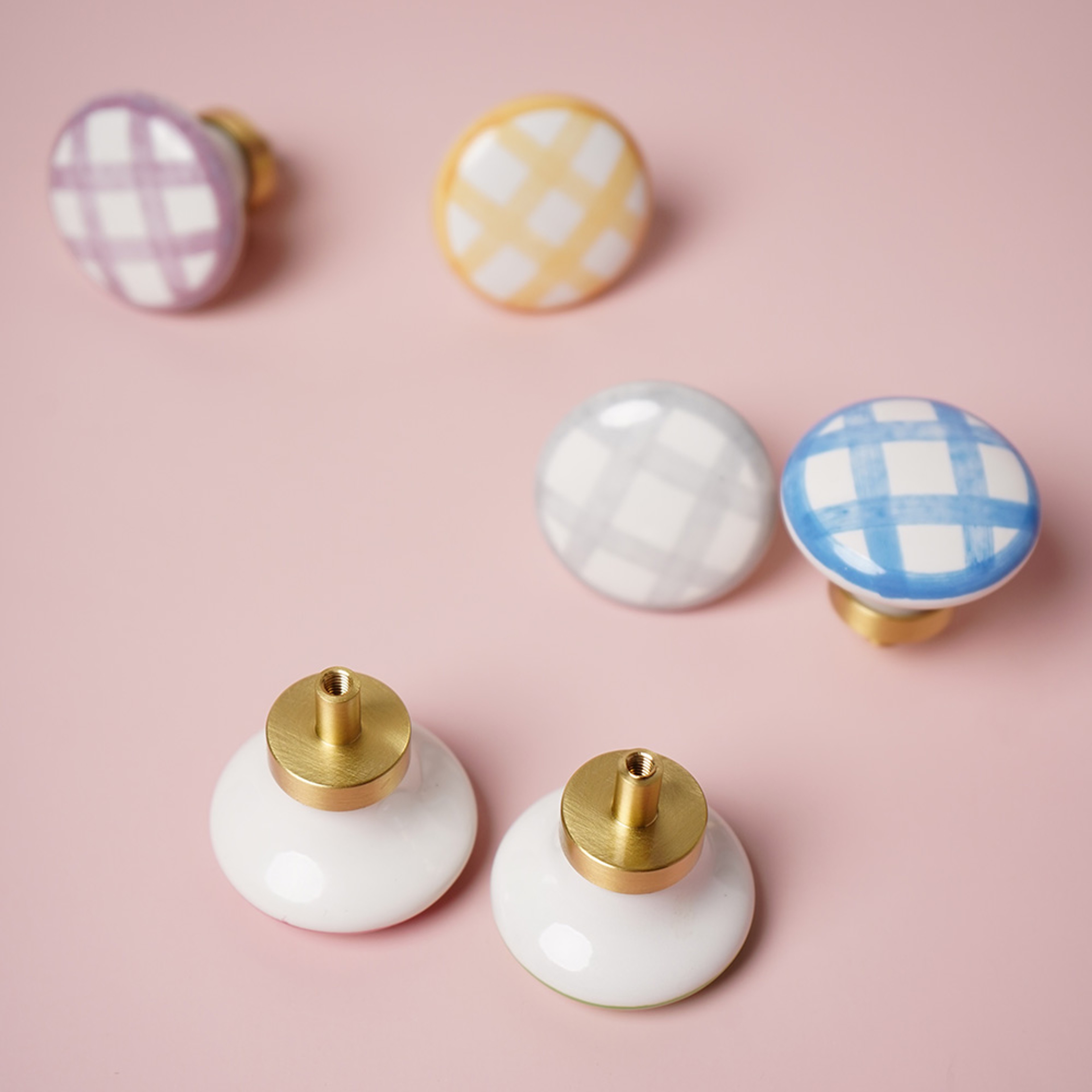 Vintage Checkered Ceramic Cabinet Pulls With Brass Finish 2