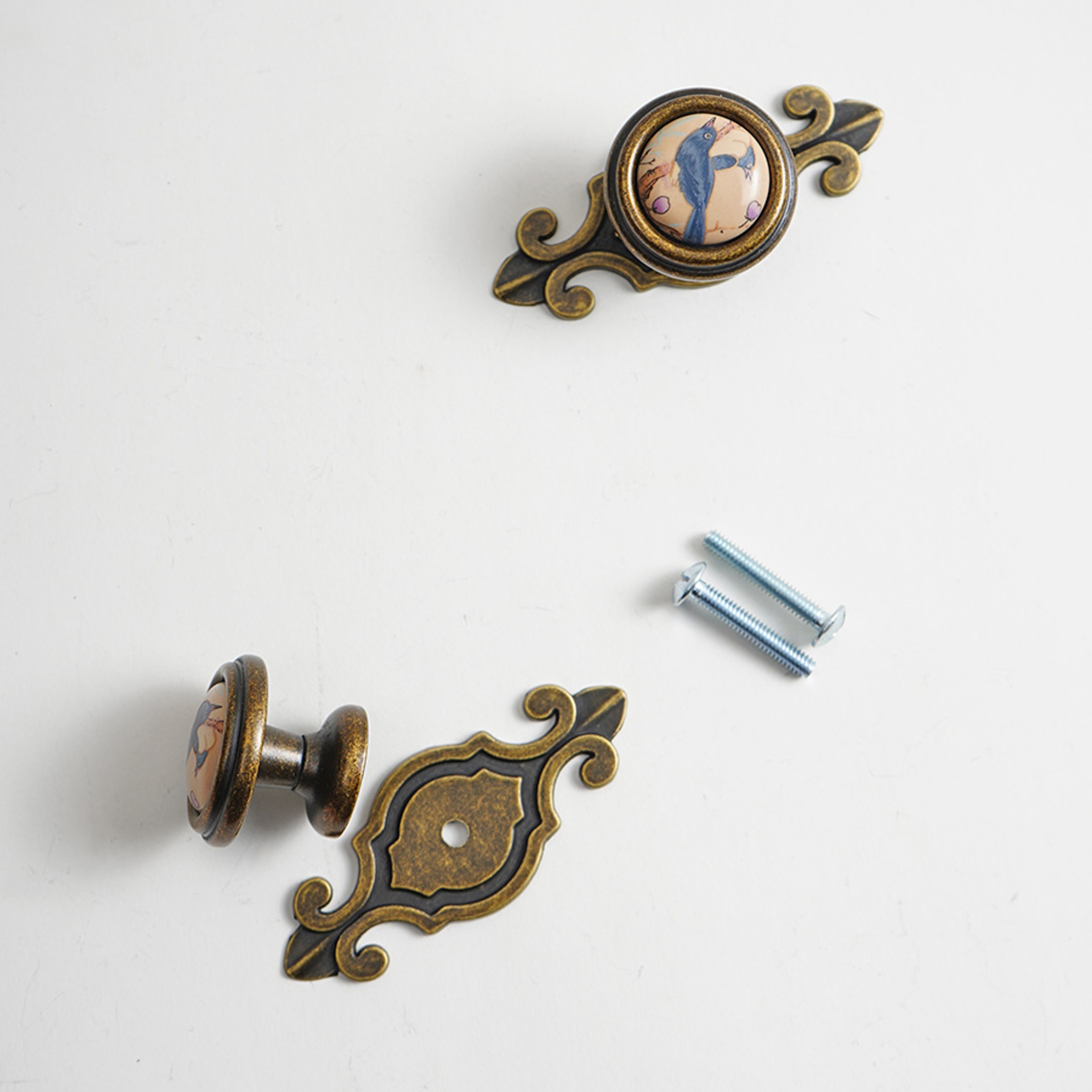 Vintage Ceramic Cabinet Knobs Bird Floral Drawer Pulls Set 3