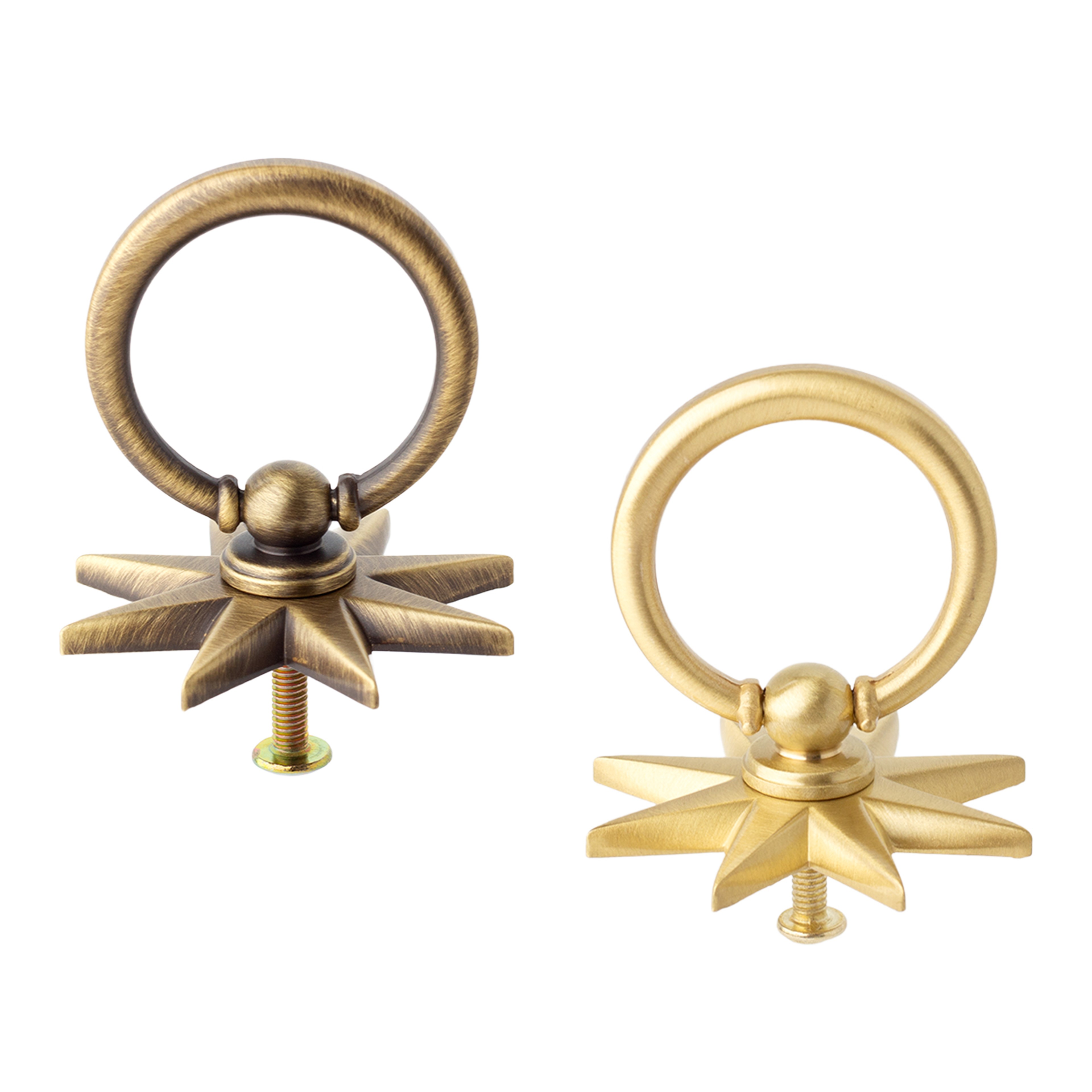 Antique Brass Star Ring Pulls Solid Brass Cabinet Knobs – view 1