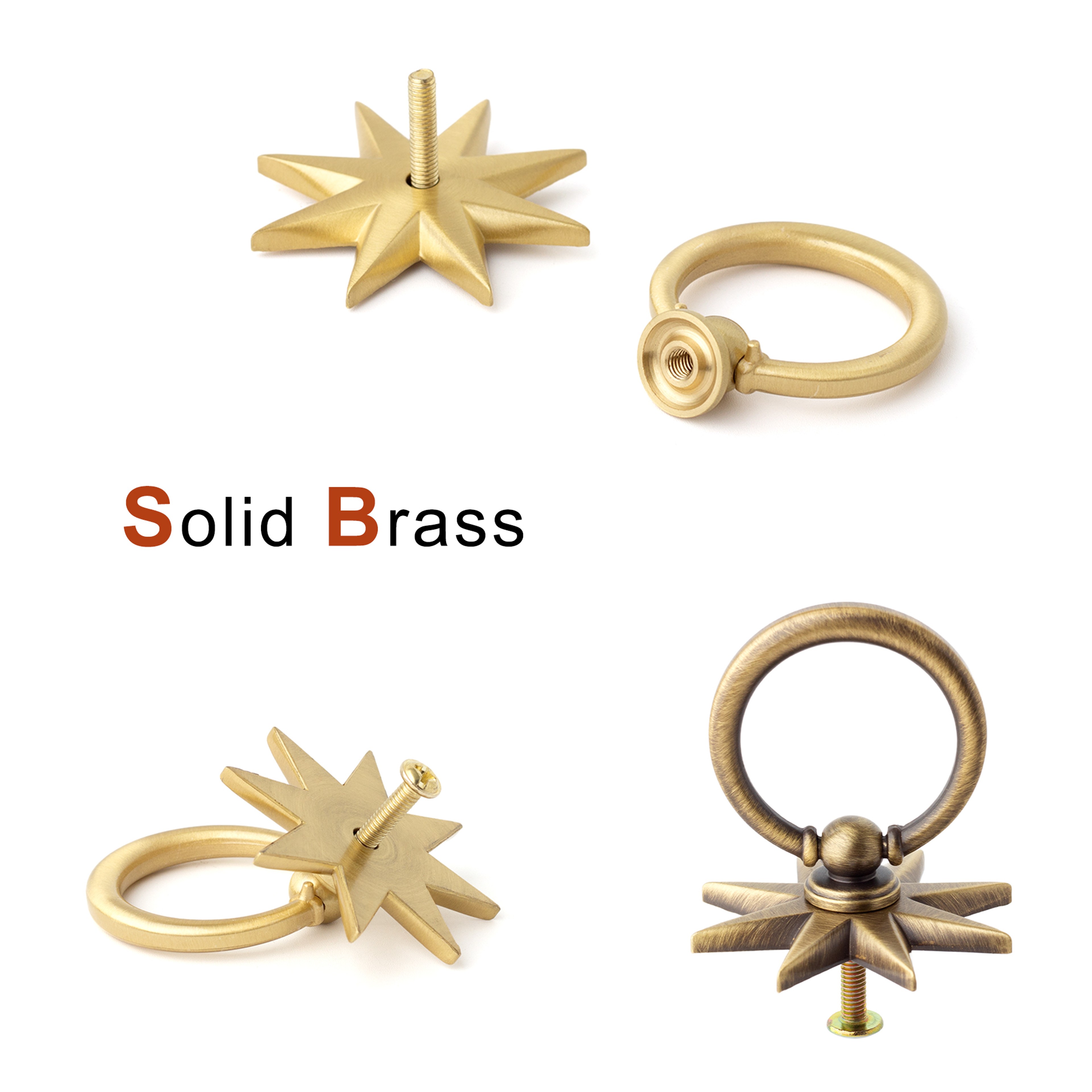 Antique Brass Star Ring Pulls Solid Brass Cabinet Knobs – view 2
