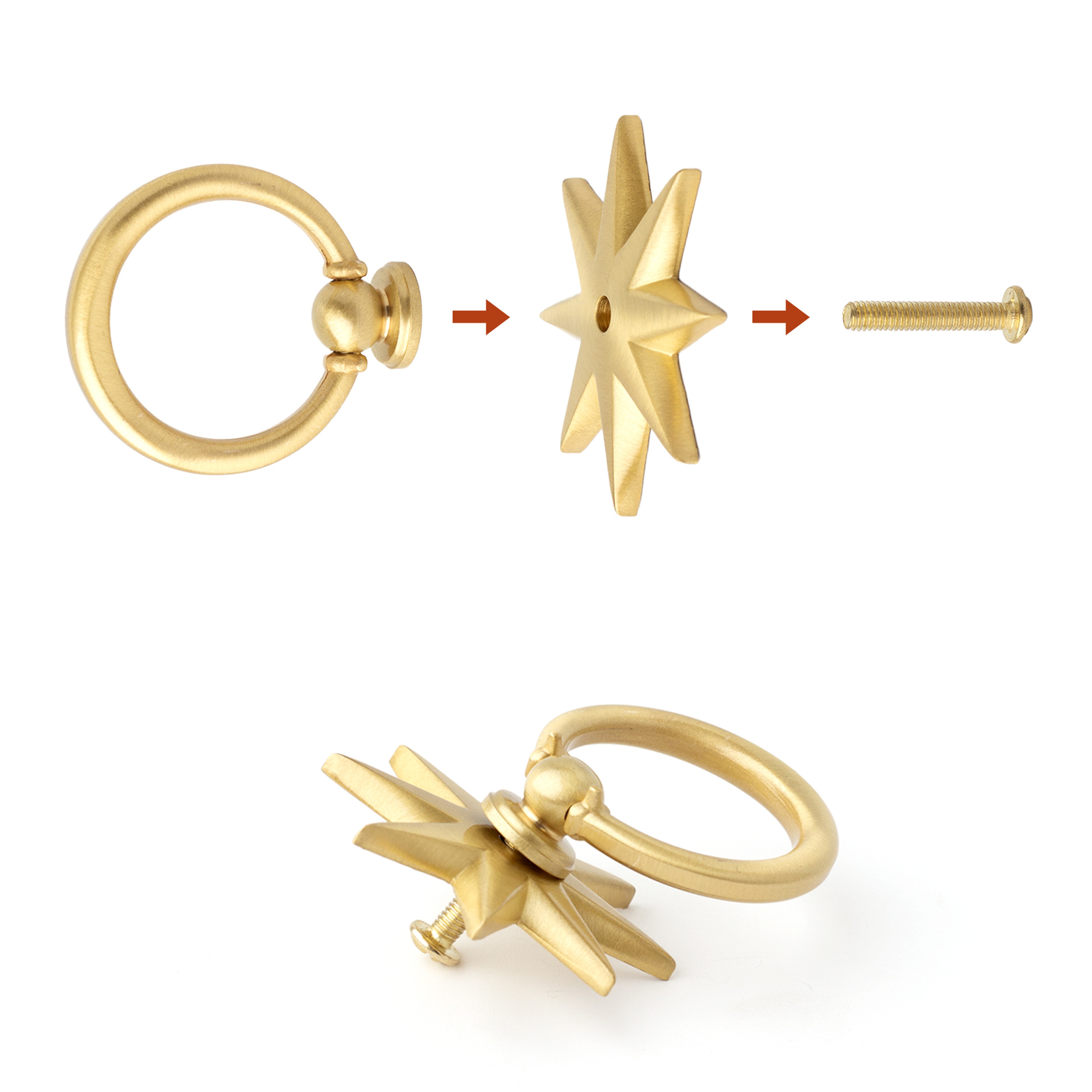 Antique Brass Star Ring Pulls Solid Brass Cabinet Knobs – view 5