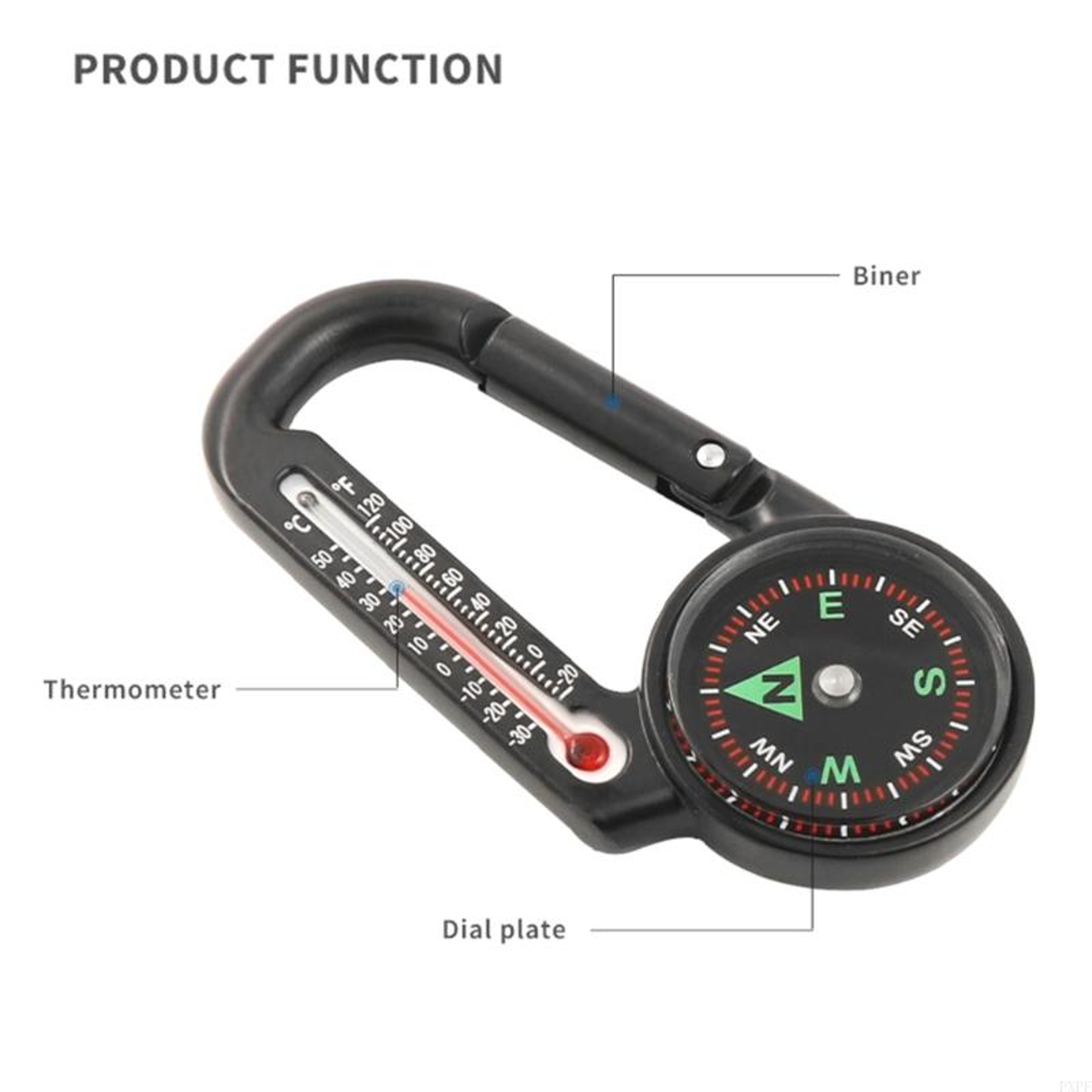 Premium Outdoor Multi Tool Compass Carabiner with Thermometer – view 2