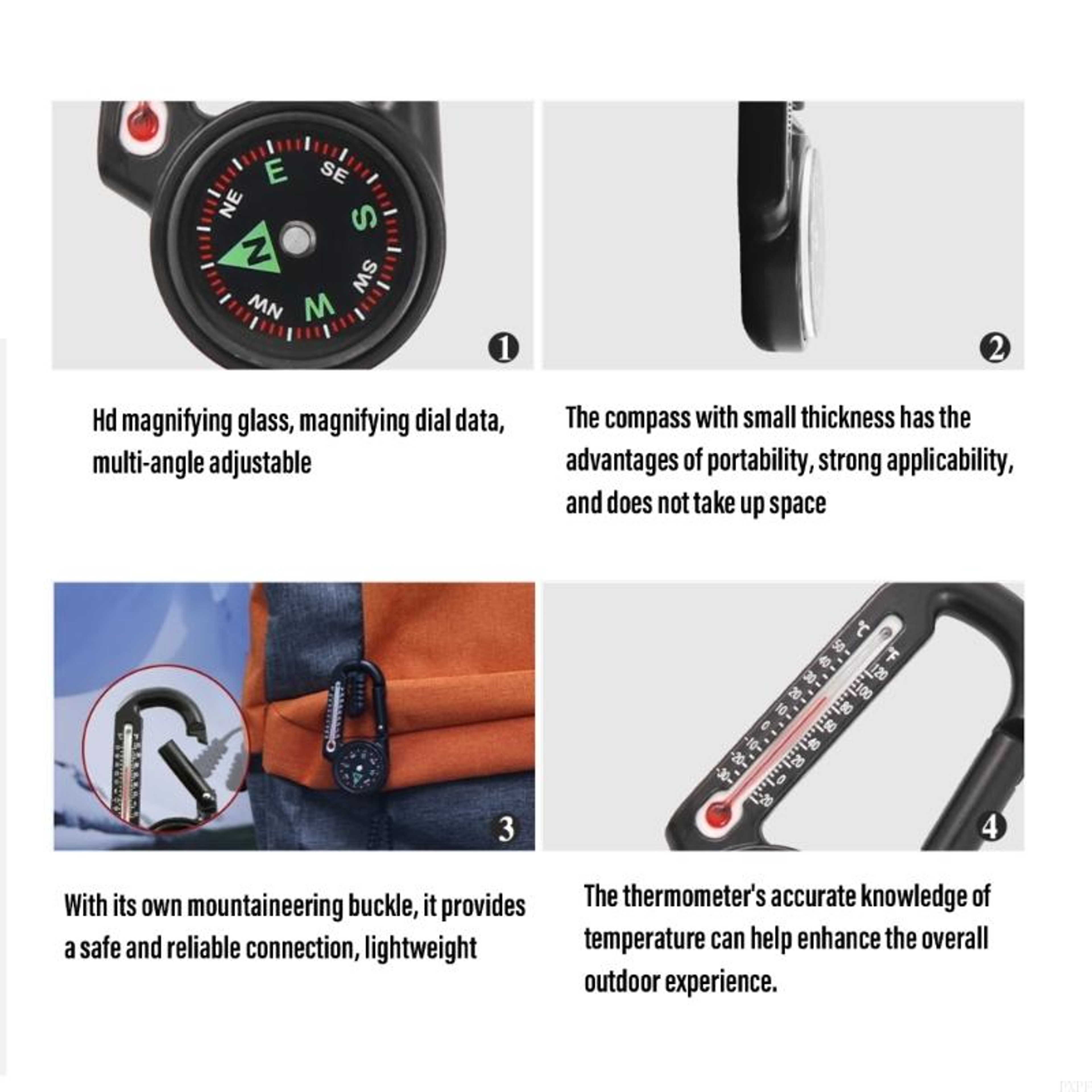 Premium Outdoor Multi Tool Compass Carabiner with Thermometer – view 4