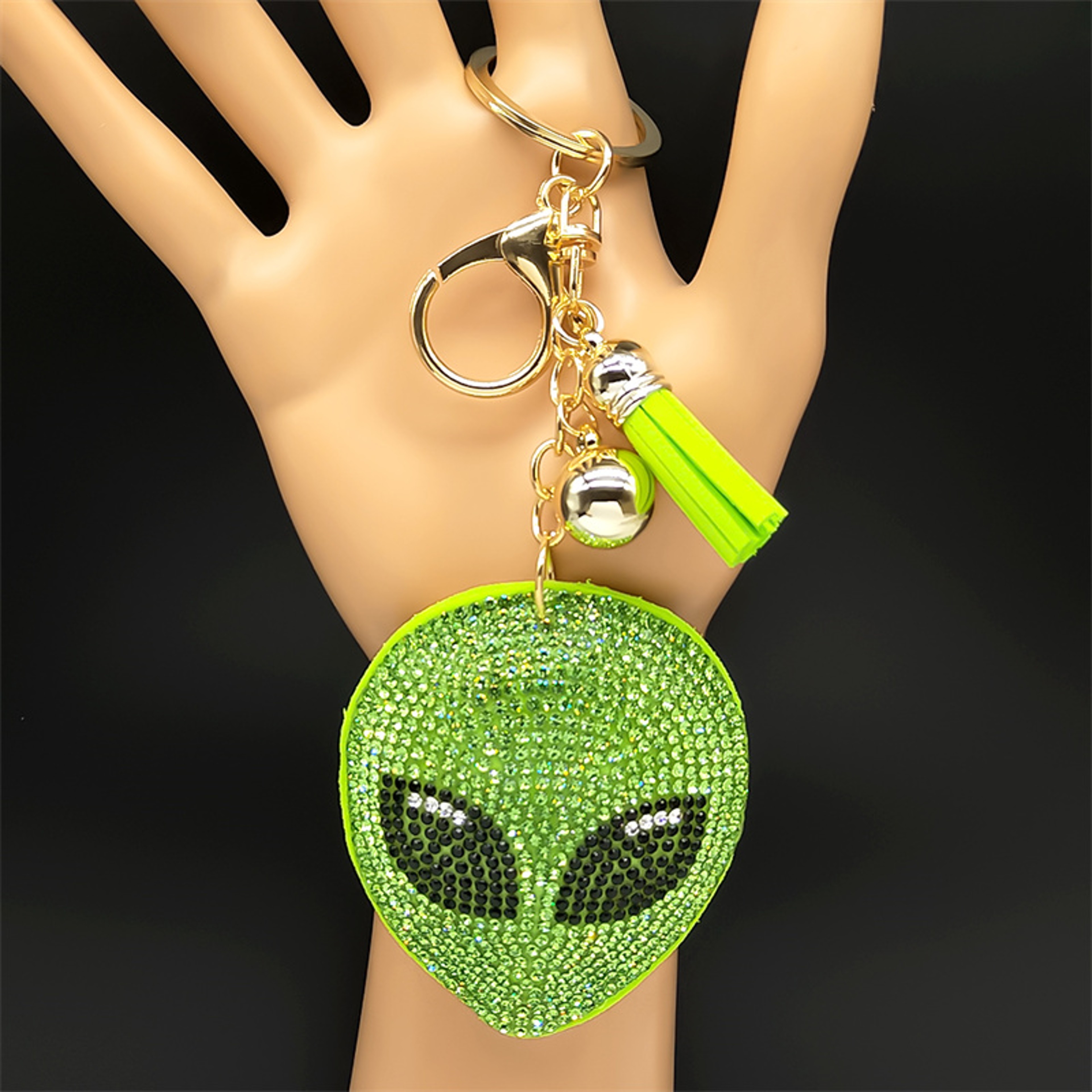 Alien Crystal Keychain with Green Tassel Bag Charm – view 3