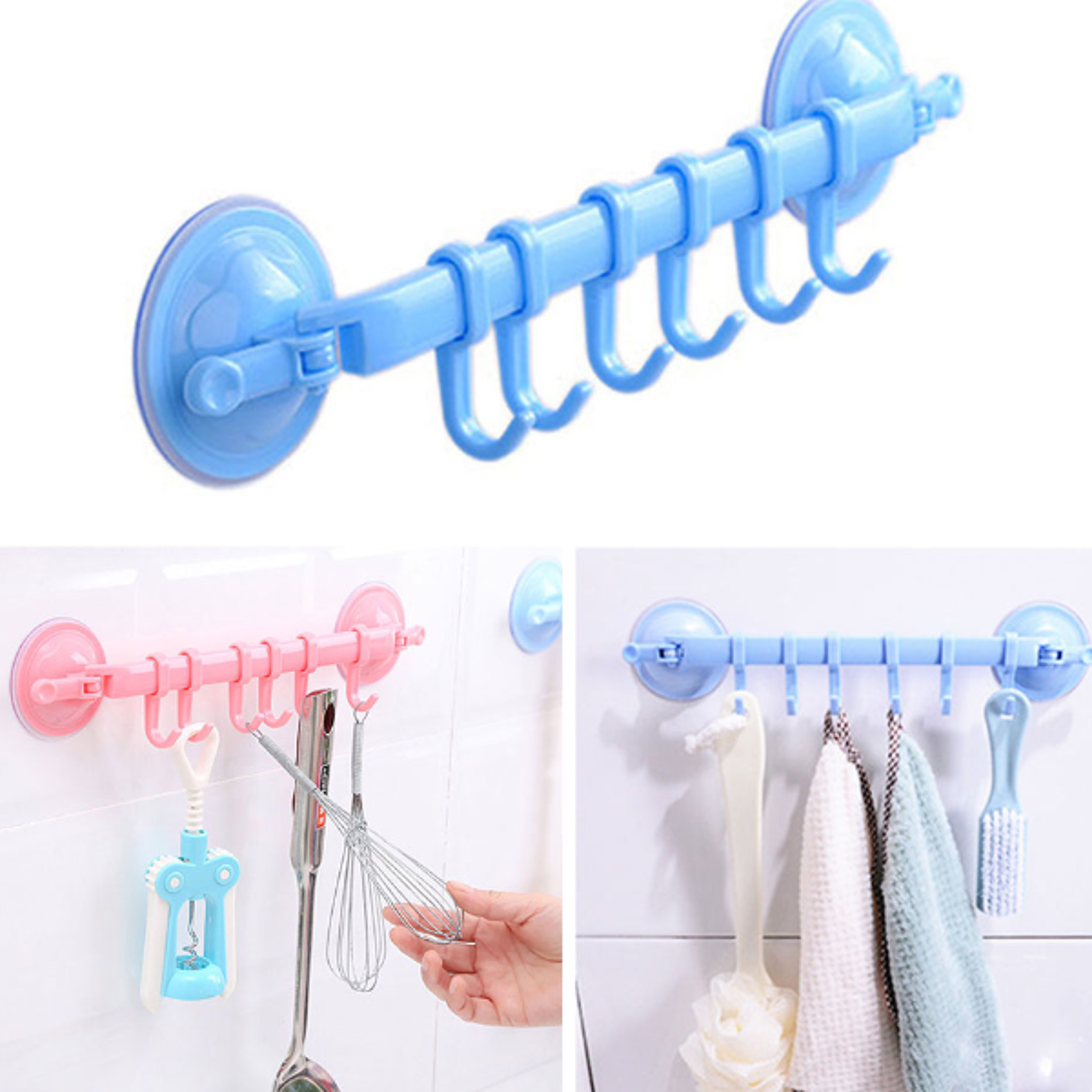 Adjustable Suction Cup Towel Rack with 6 No Drill Hooks