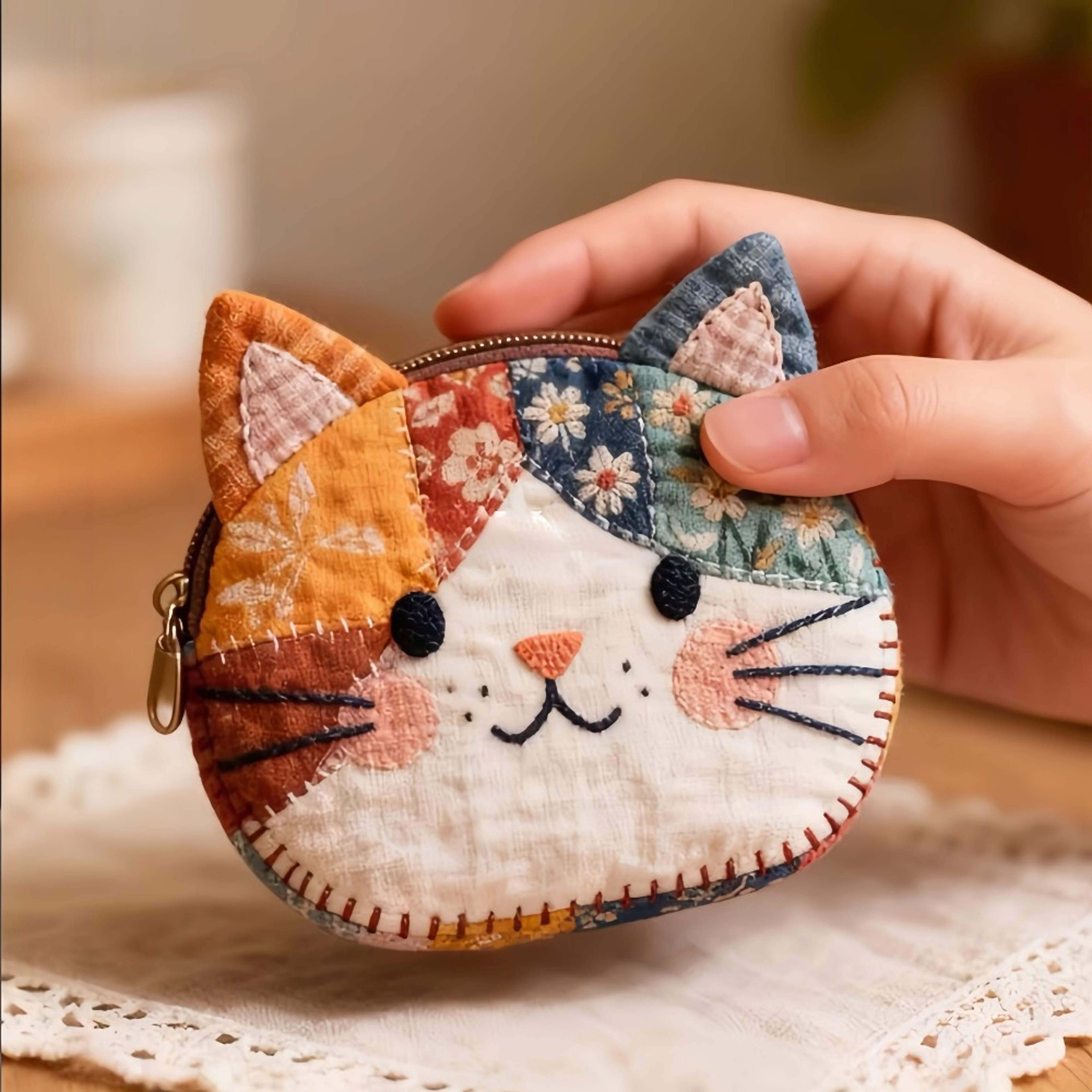 Waterproof Patchwork Cat Coin Purse  Small Cosmetic Bag 0