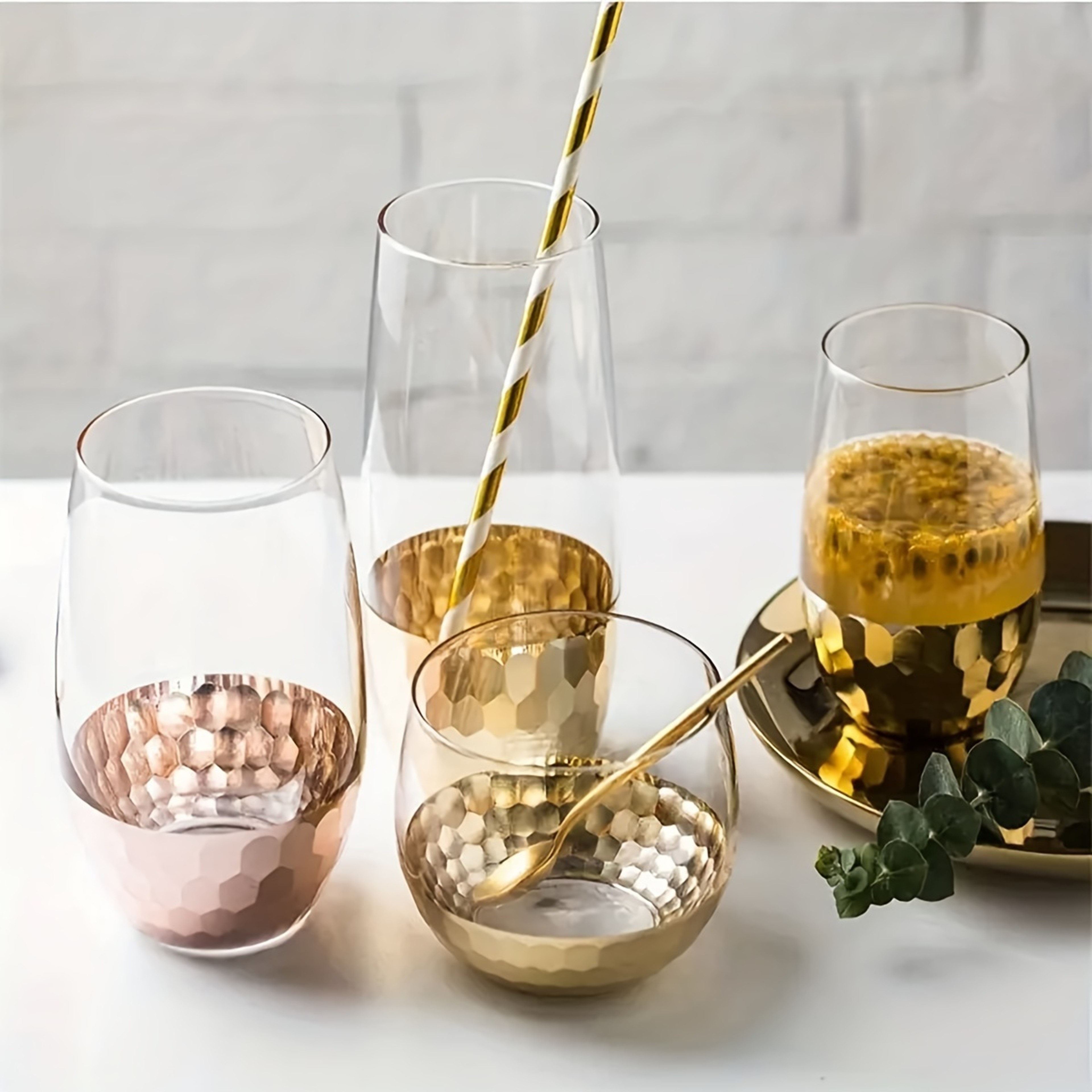 Premium Pink  Gold Striped Biodegradable Paper Straws Set 4
