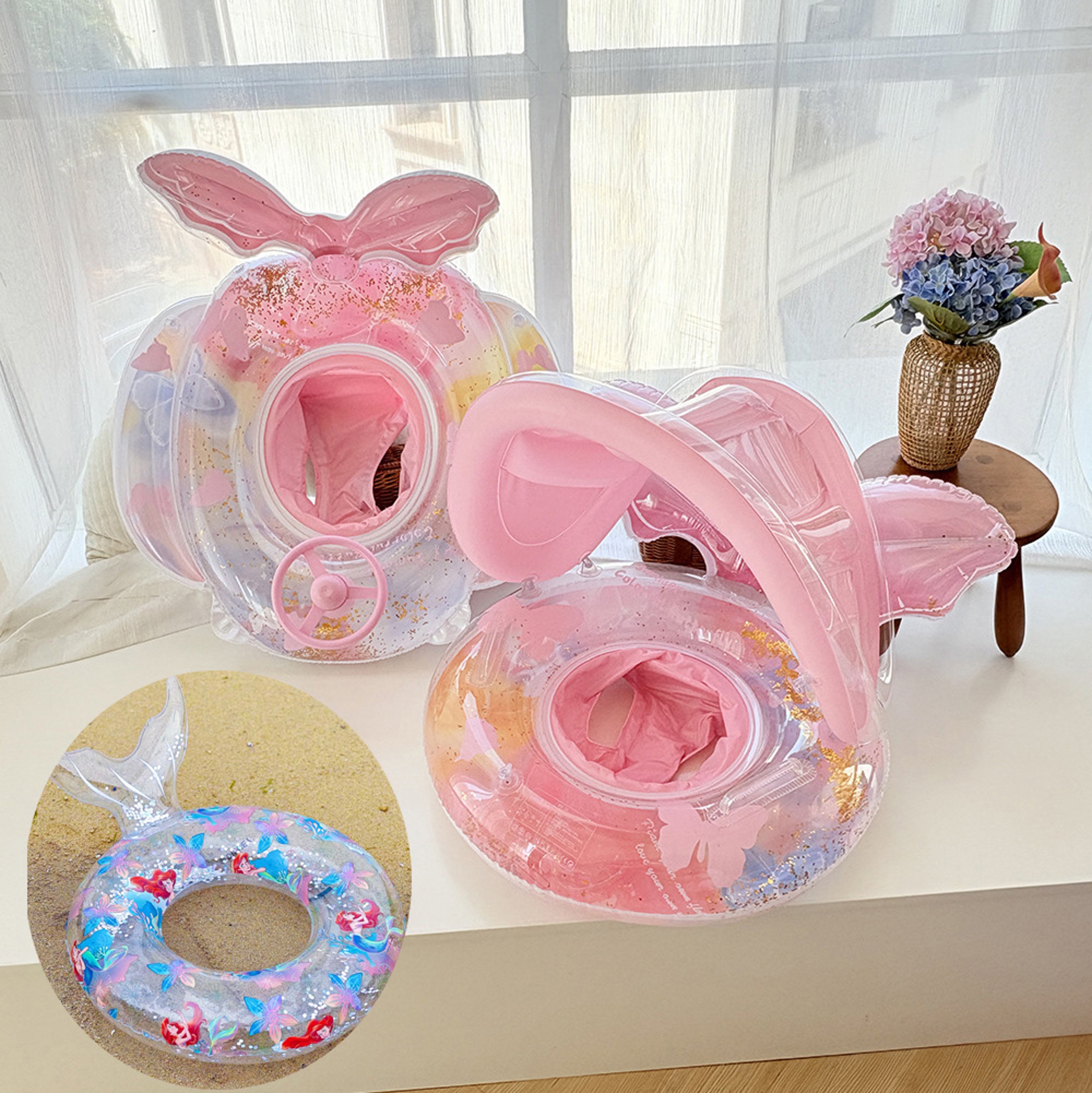 Inflatable Pool Float With Handles And Sunshade Swim Ring Seat 0