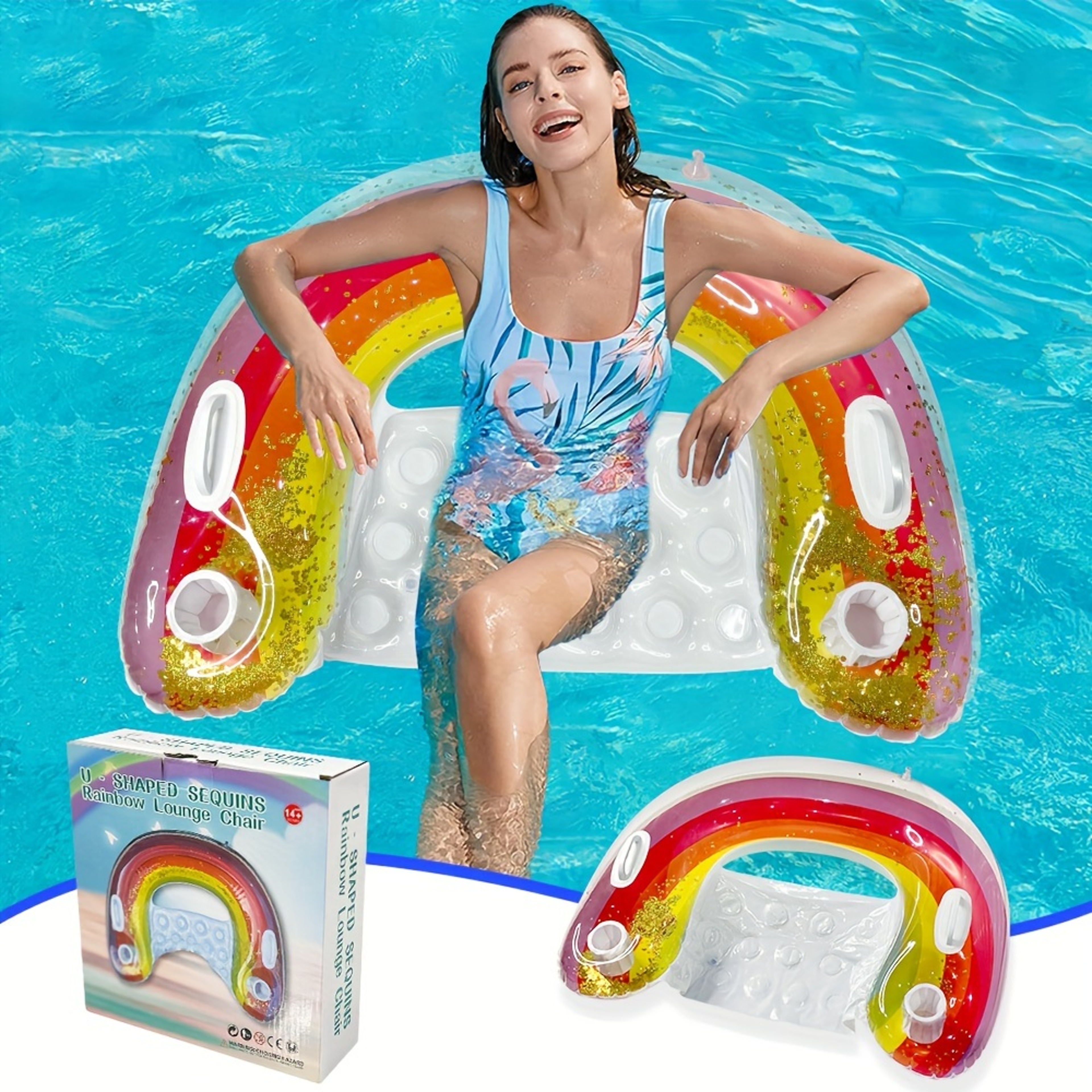 Inflatable Rainbow Glitter U-Shaped Pool Lounger Water Sofa Float Bed – view 7