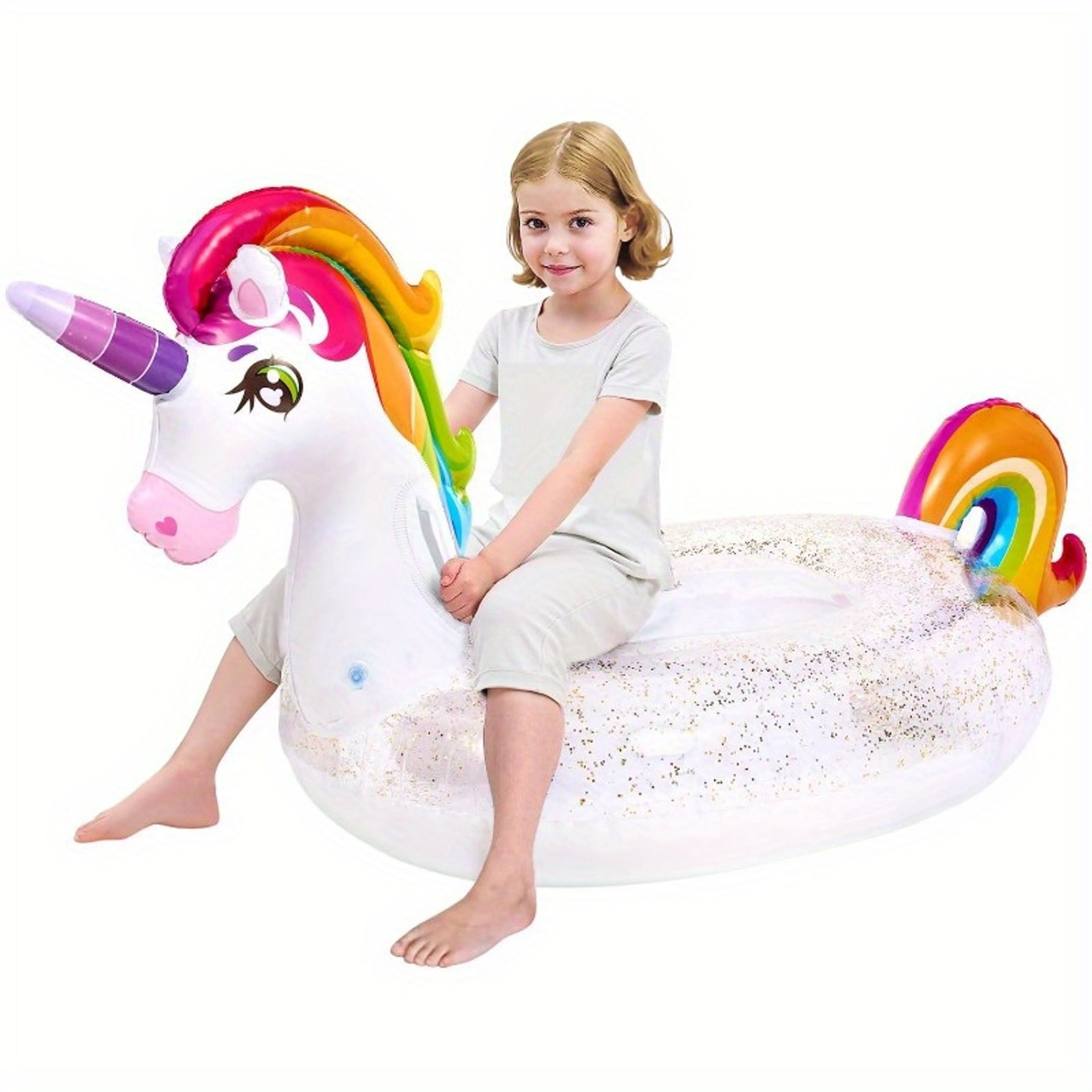 Glitter Unicorn Pool Float Inflatable Rainbow Ride On Floaty for Kids – view 1