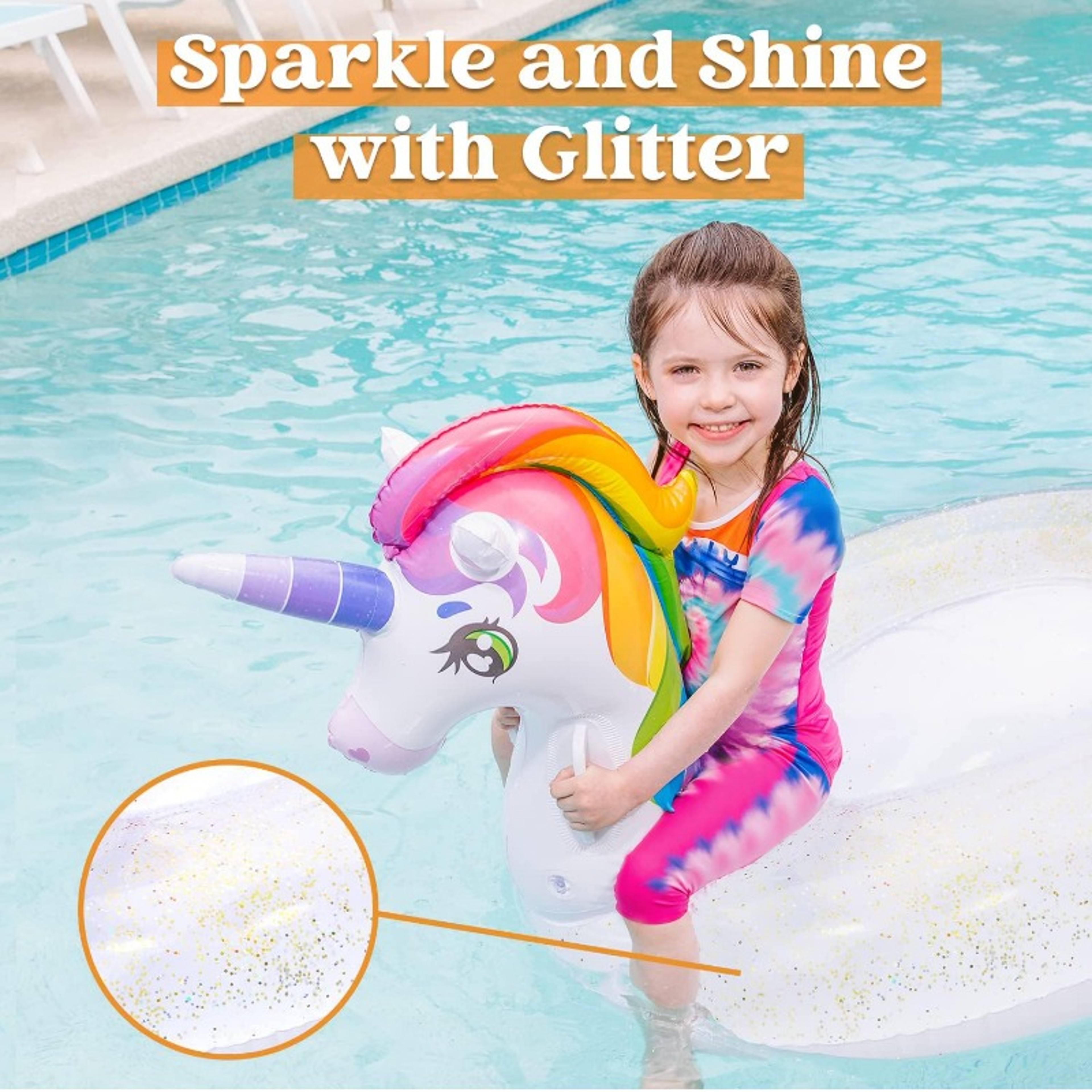 Glitter Unicorn Pool Float Inflatable Rainbow Ride On Floaty for Kids – view 2