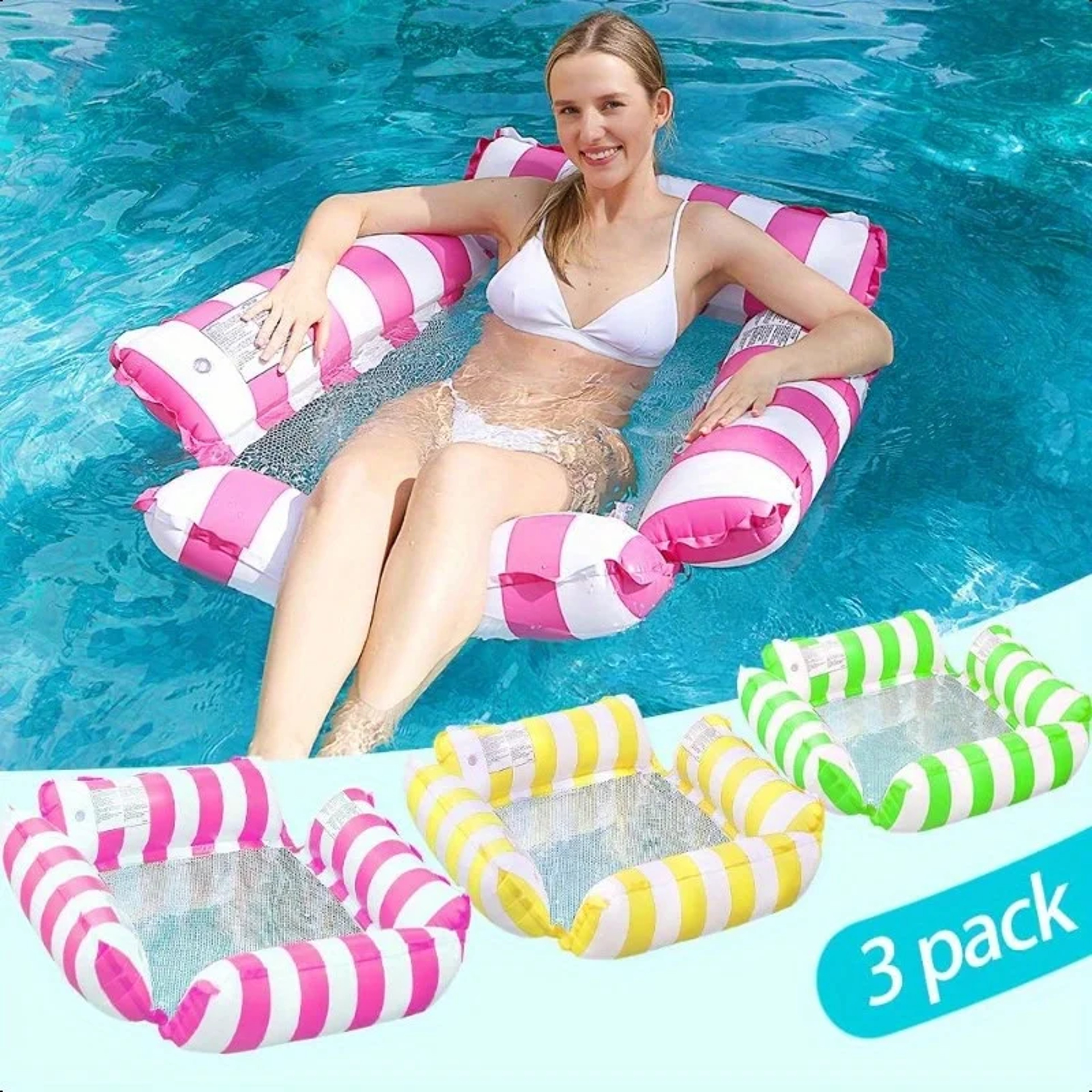 Striped Inflatable Water Hammock Mesh Pool Lounge Chair Floating Bed 3