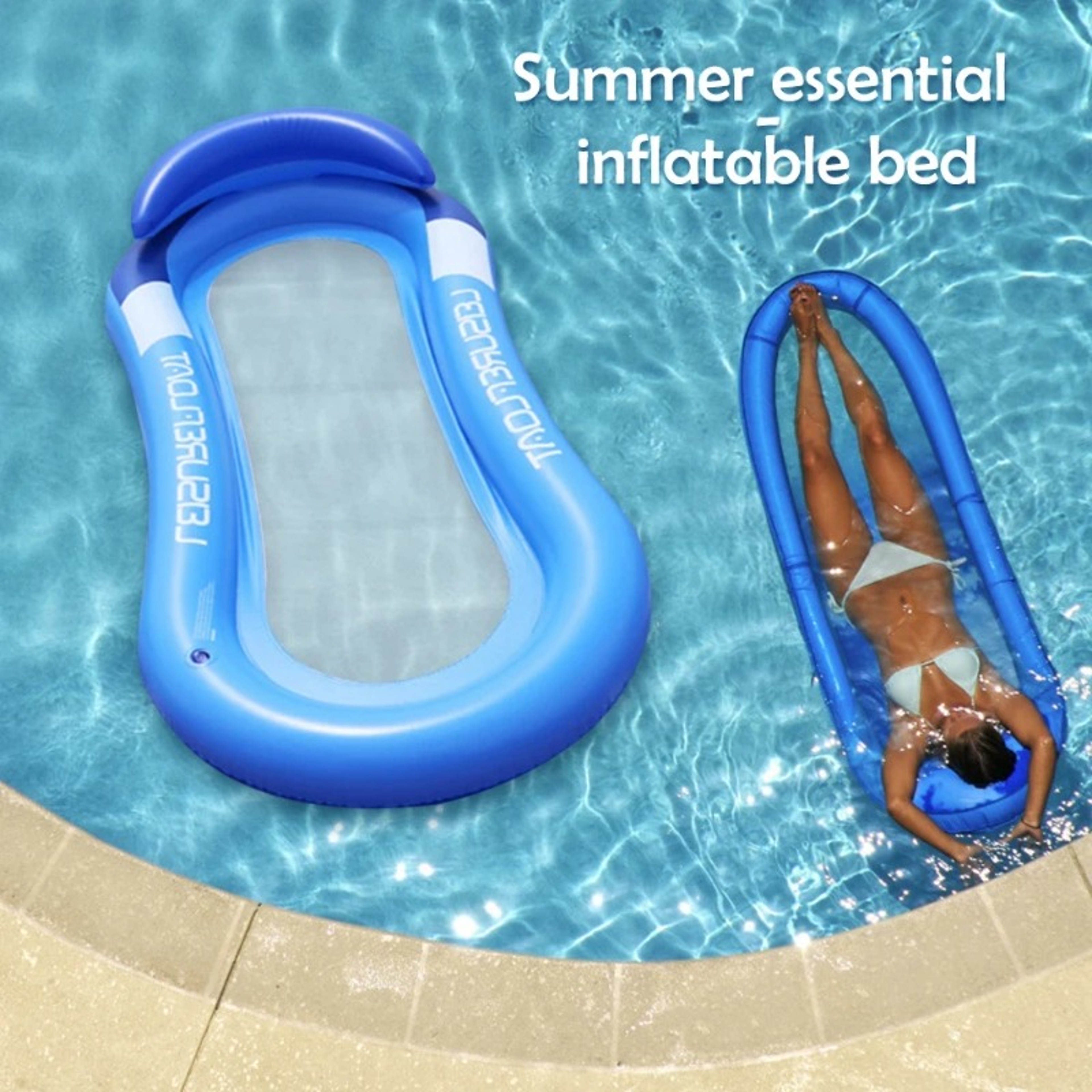 Inflatable Pool Lounger With Net Backrest Foldable Adult Pool Float 1