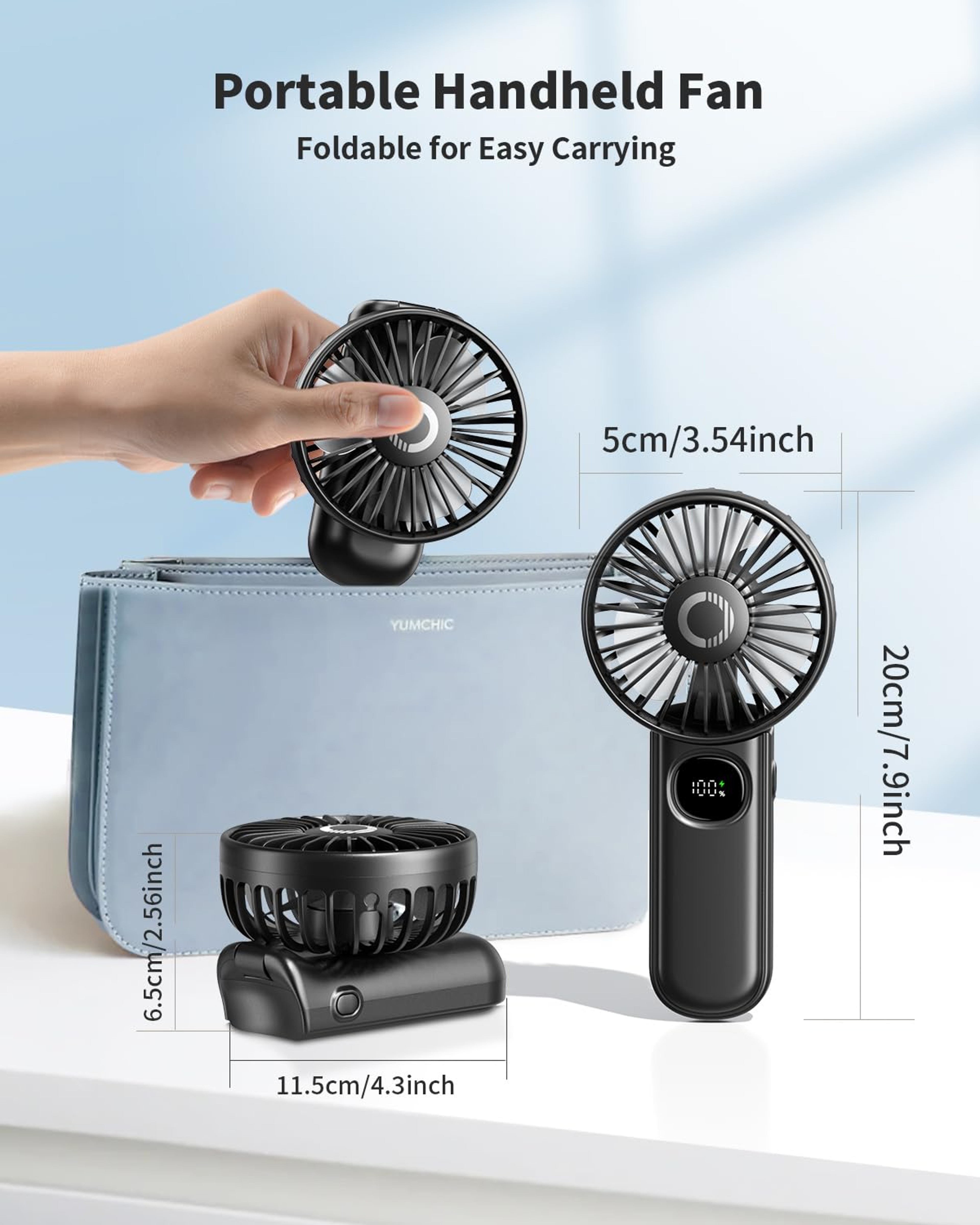 Foldable Handheld Fan With LED Display 3000mAh Portable Rechargeable Mini Fan 5