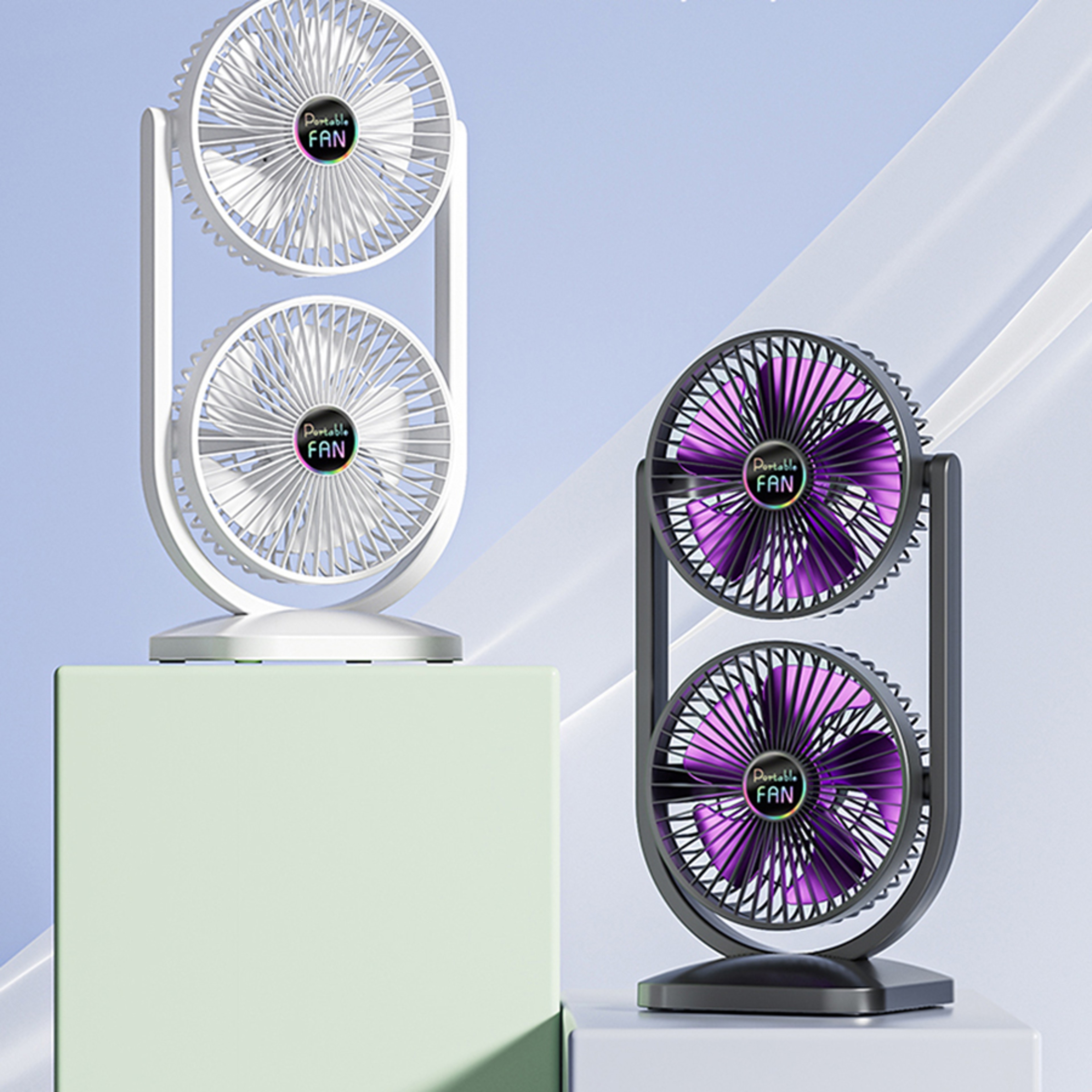 USB Rechargeable Double Head Portable Fan with Two Way Airflow Control – view 1