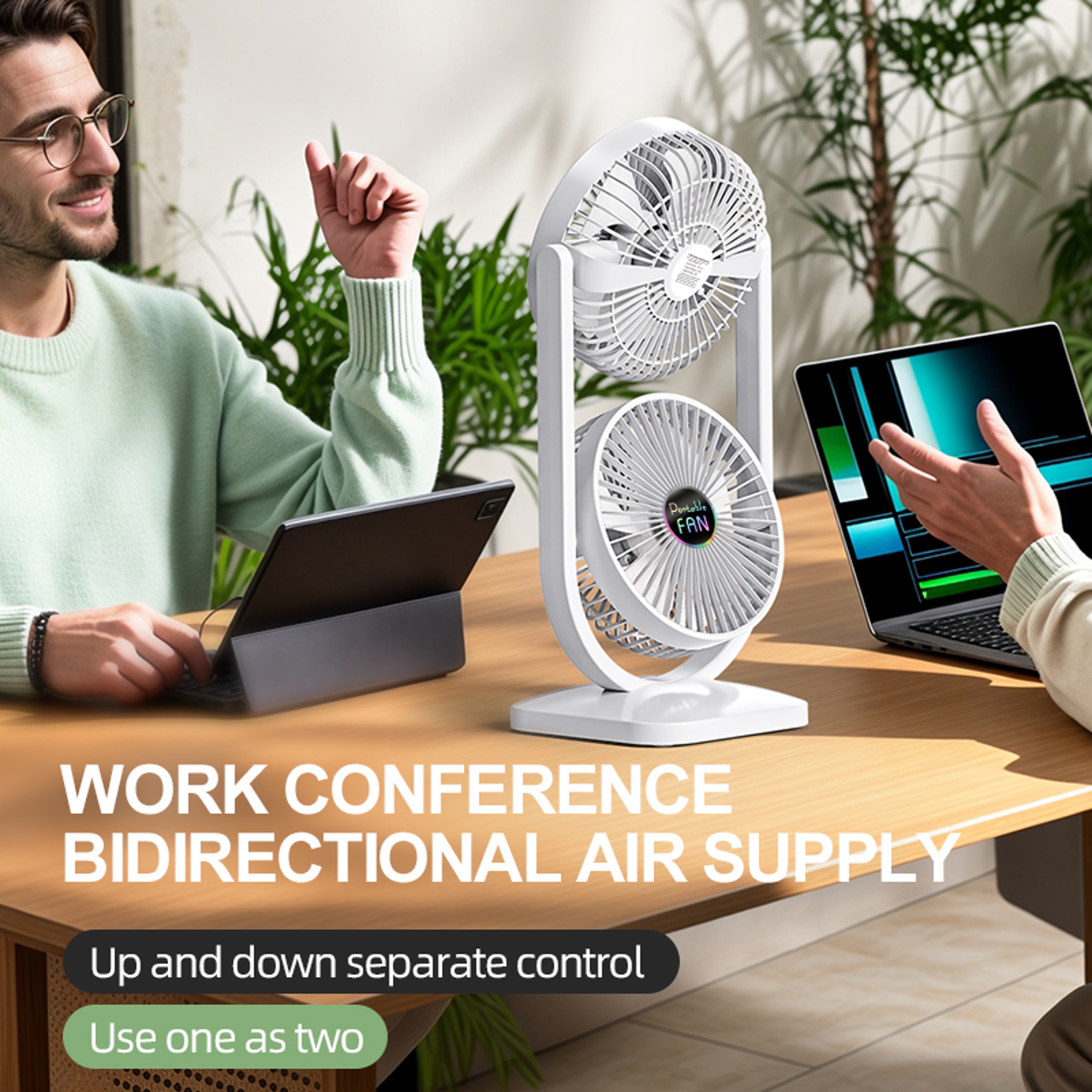 USB Rechargeable Double Head Portable Fan with Two Way Airflow Control – view 5