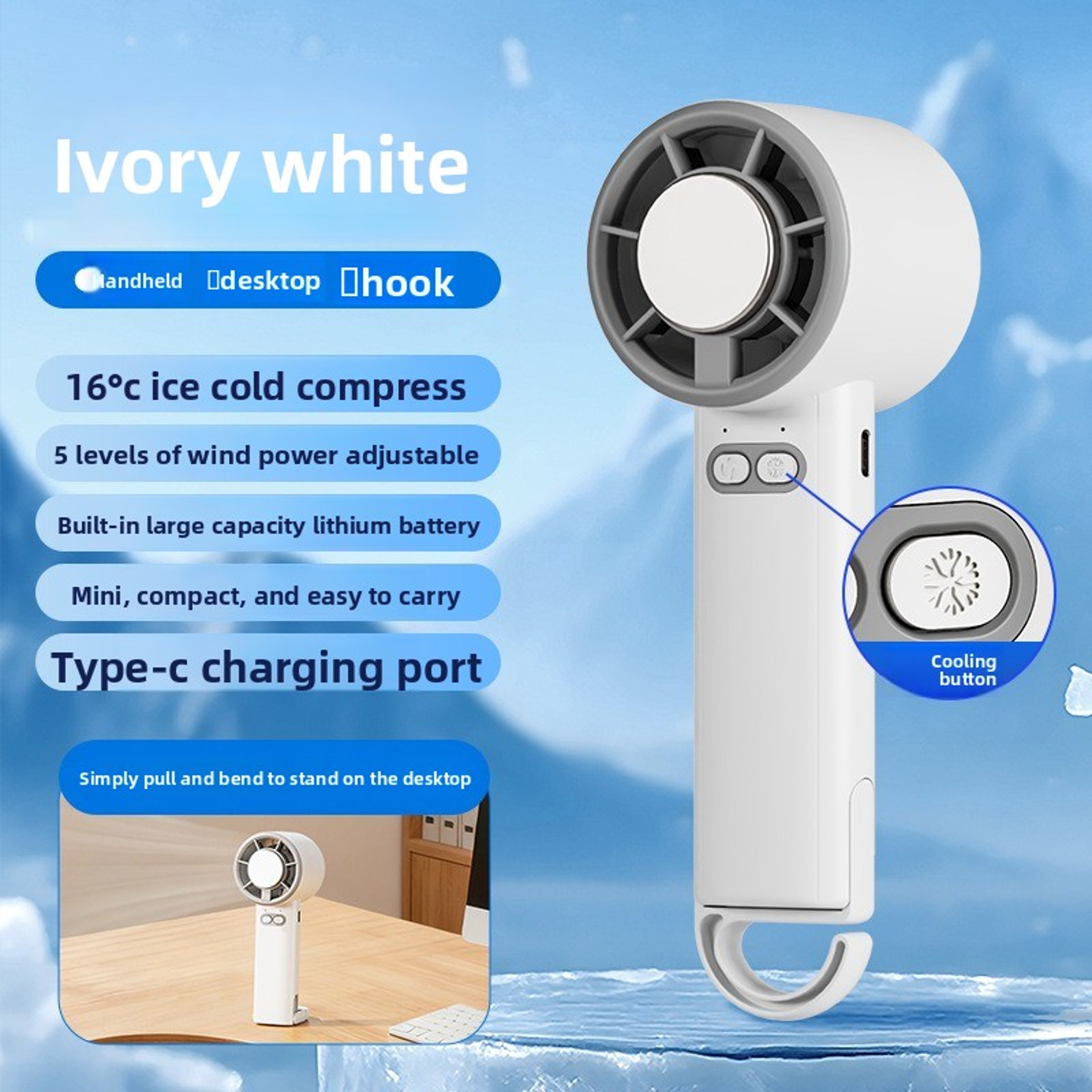 Portable Ice Cooling Fan Speed Handheld Desk Fan with Hook – view 3