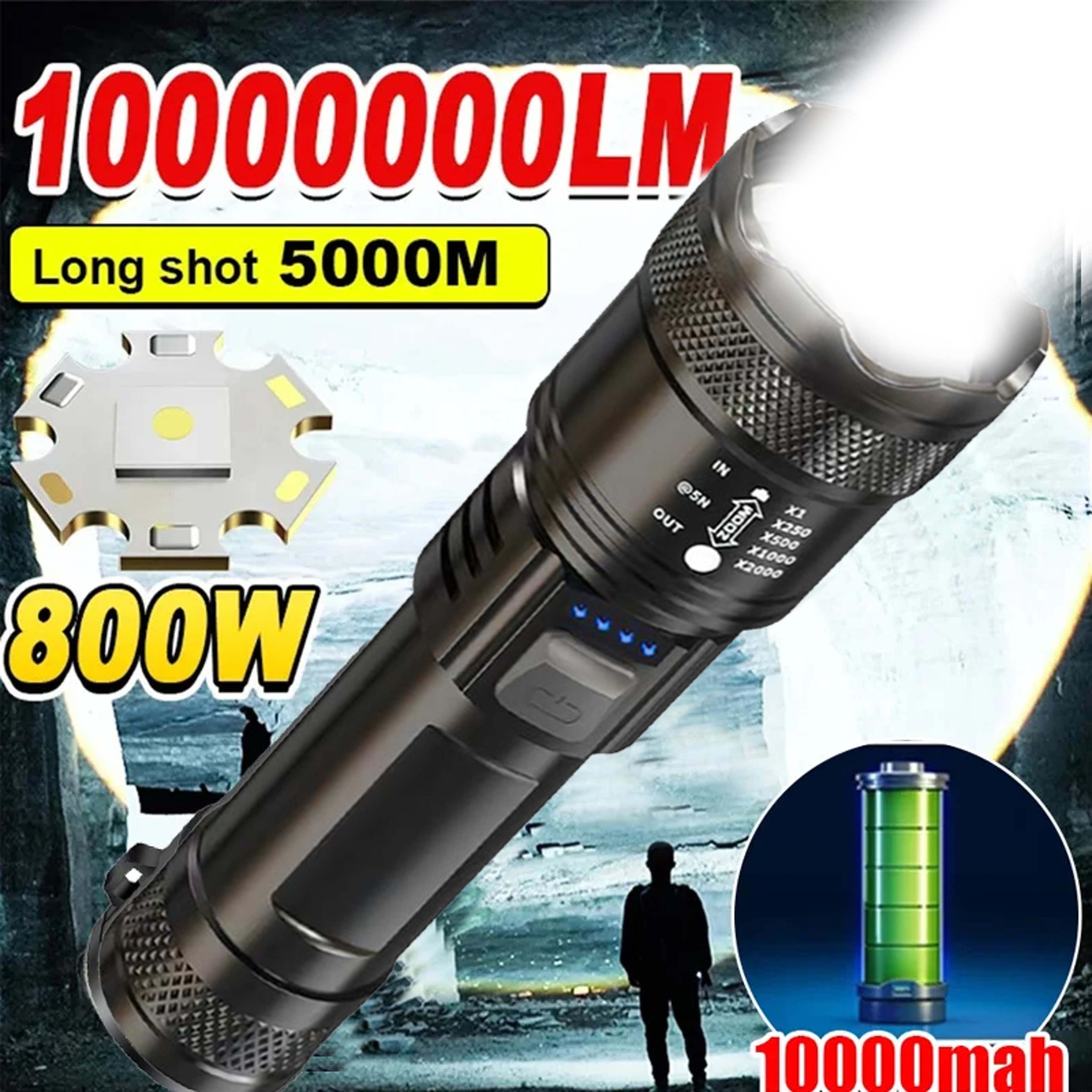 2000LM High-Power LED Flashlight, USB Rechargeable Tactical Torch with Display Light, Zoomable Camping, Fishing – view 1