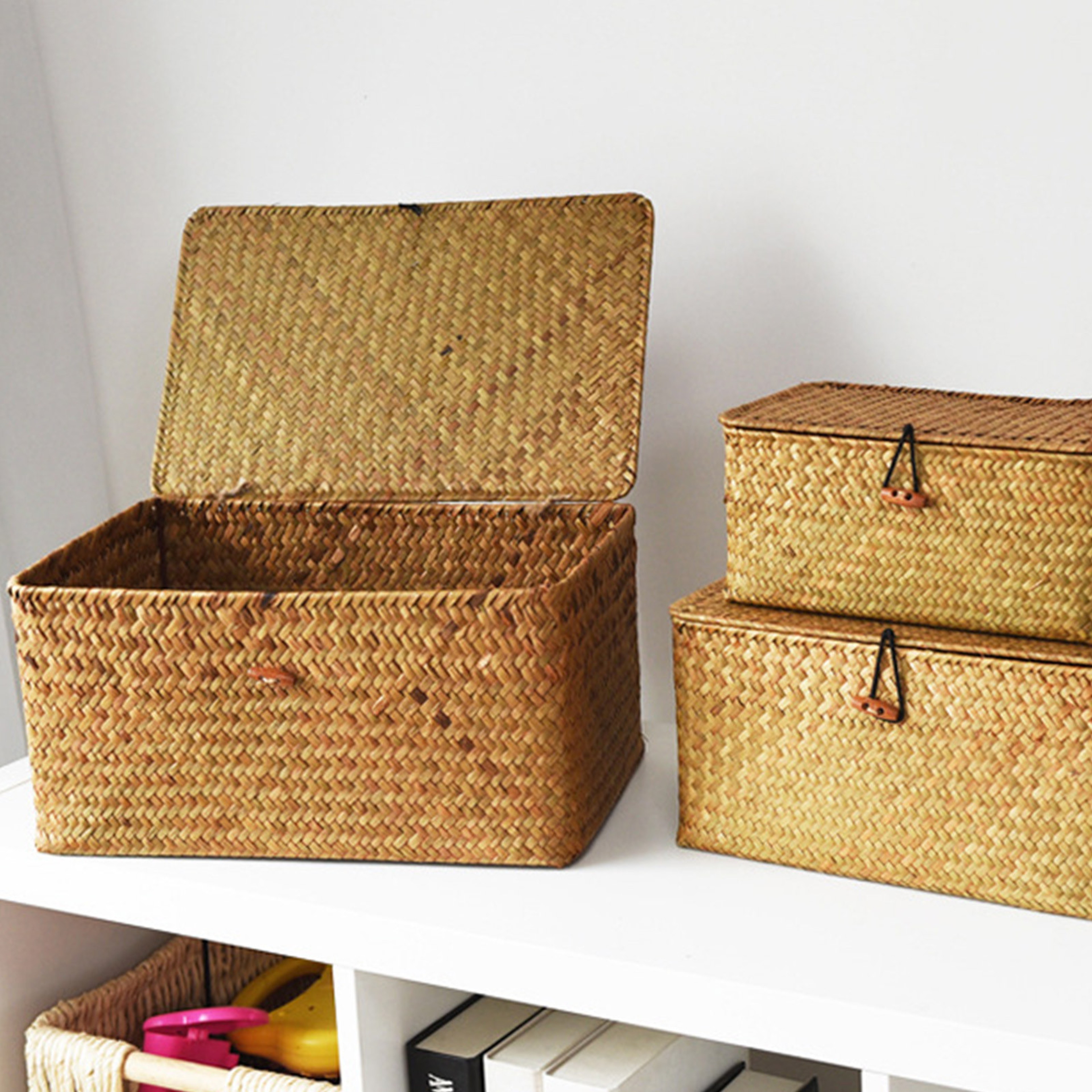 Handmade Wicker Woven Storage Box with Lid, Rattan Laundry Basket for Bath, Towels & Cosmetics Stylish Seagrass Organ – view 3