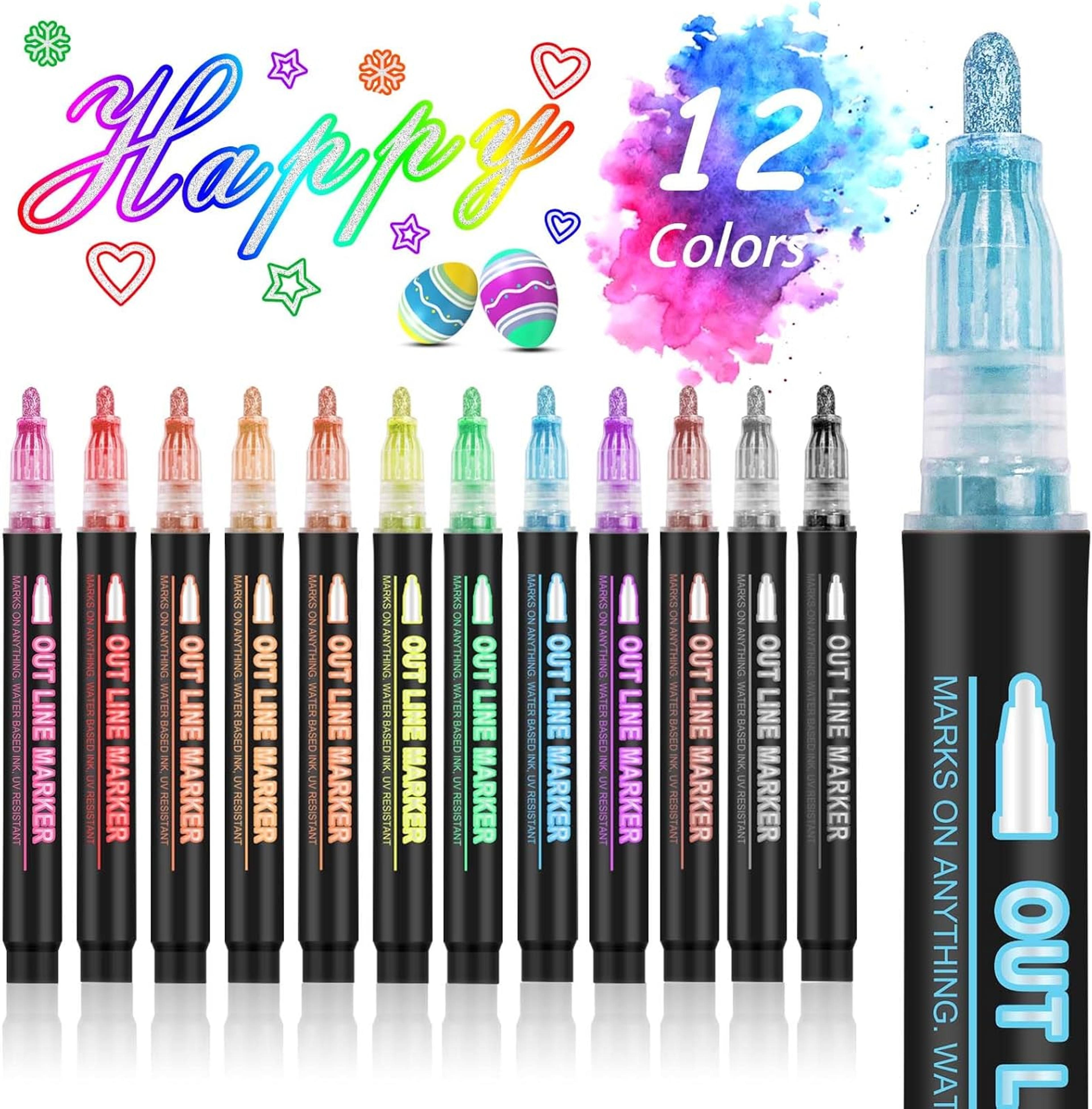 Metallic Highlighter Pens, 12 48 Colors Magic Glitter Drawing Markers, Quick Drying Water Based, Double Line Outline – view 7