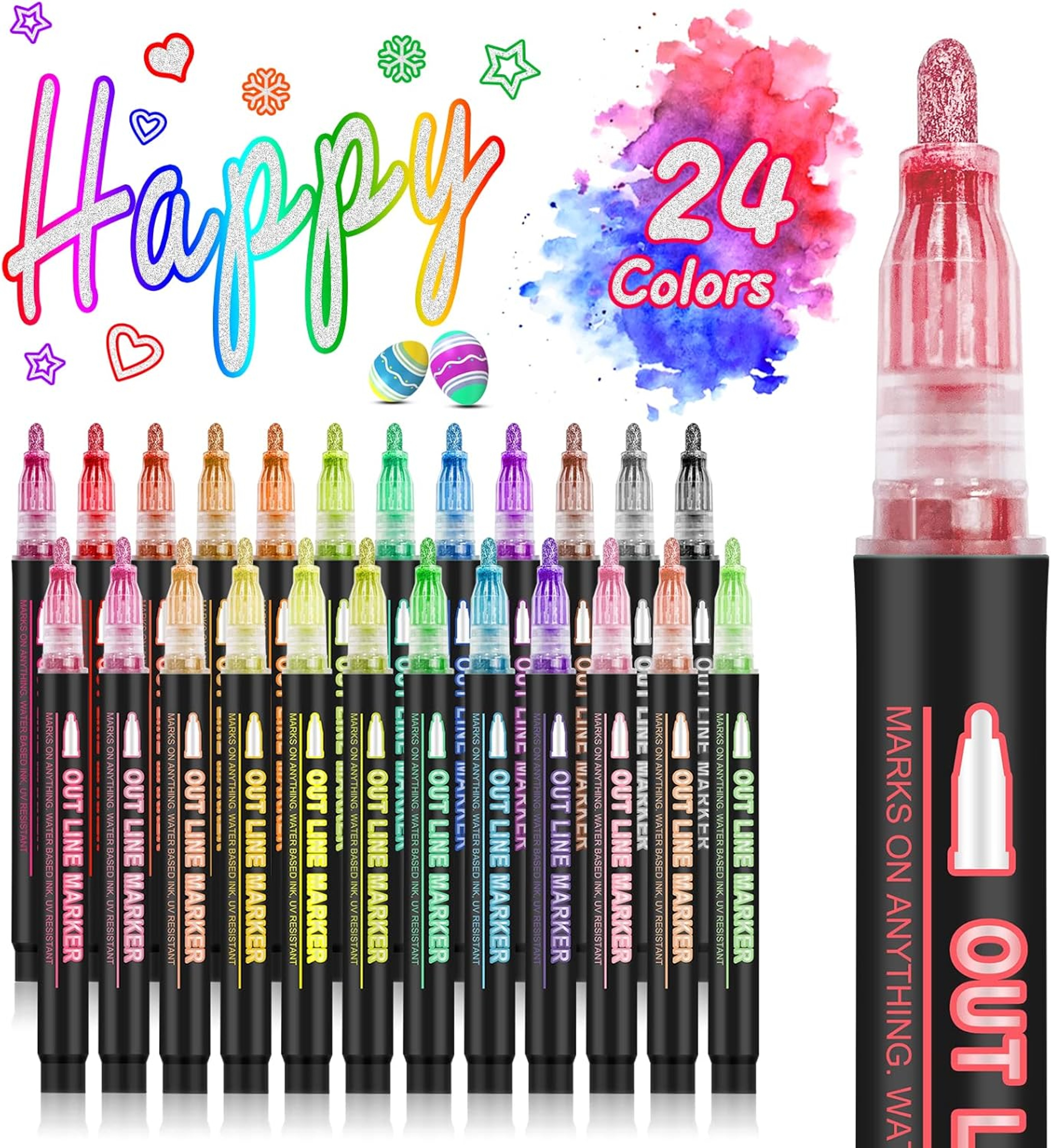Metallic Highlighter Pens, 12 48 Colors Magic Glitter Drawing Markers, Quick Drying Water Based, Double Line Outline – view 8