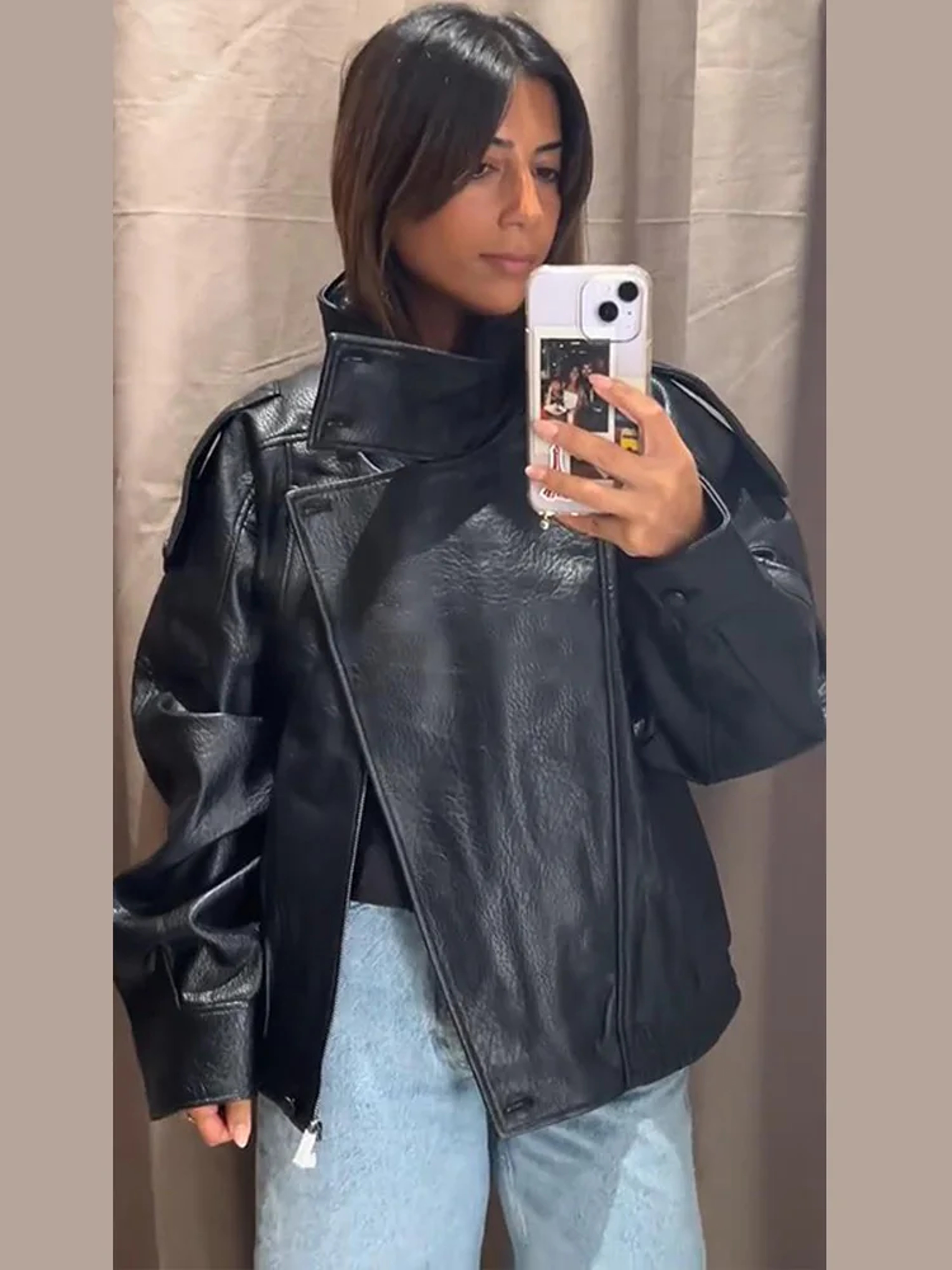Women's Black PU Leather Jacket, Stand Collar, Asymmetric Front, Elastic Hem, Casual Cropped Outerwear – view 3