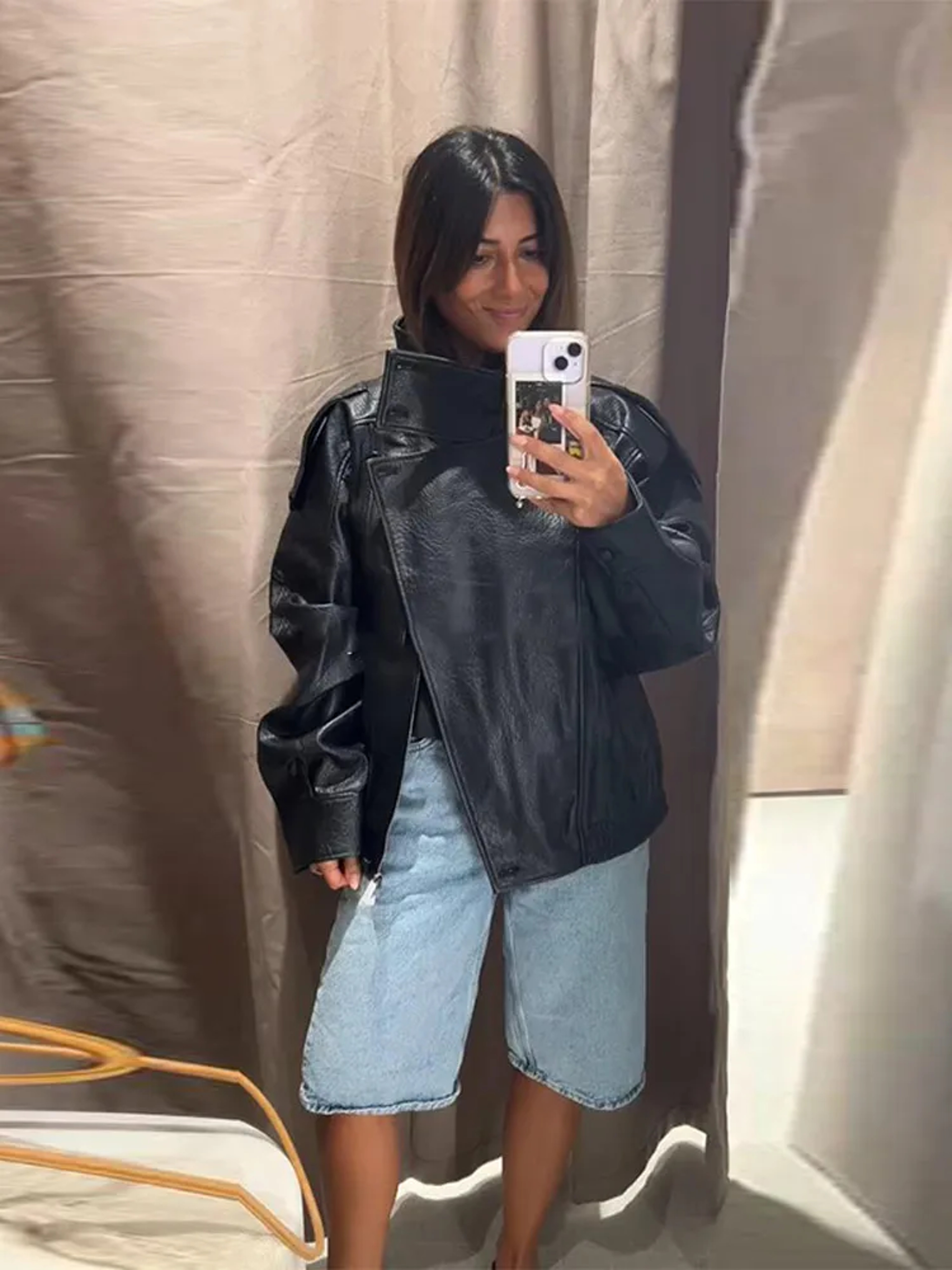 Women's Black PU Leather Jacket, Stand Collar, Asymmetric Front, Elastic Hem, Casual Cropped Outerwear – view 4