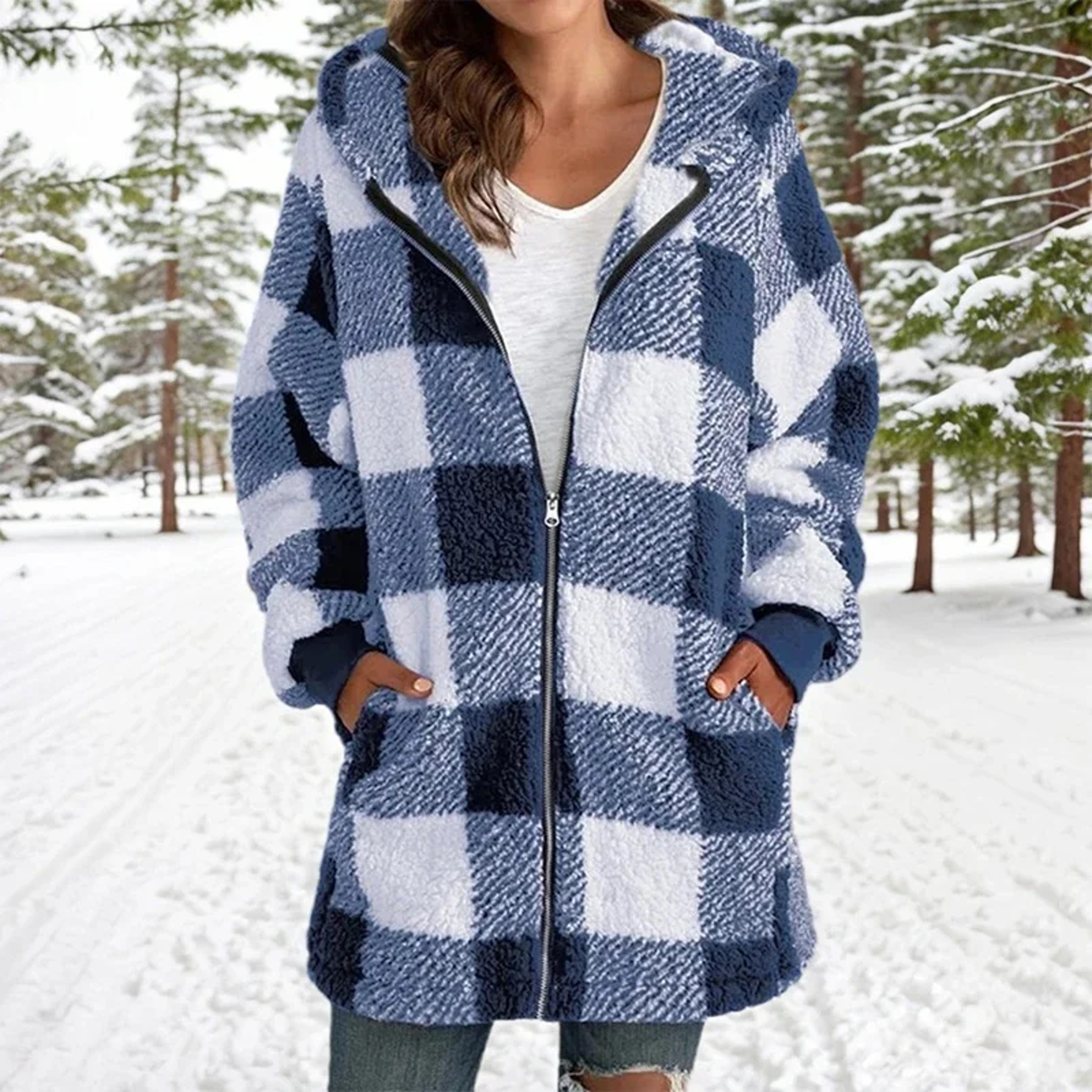 Winter Plush Jacket for Women, Plus Size Patchwork Hooded Outwear, Fashion Plaid and Striped Design, Long Sleeved – view 3