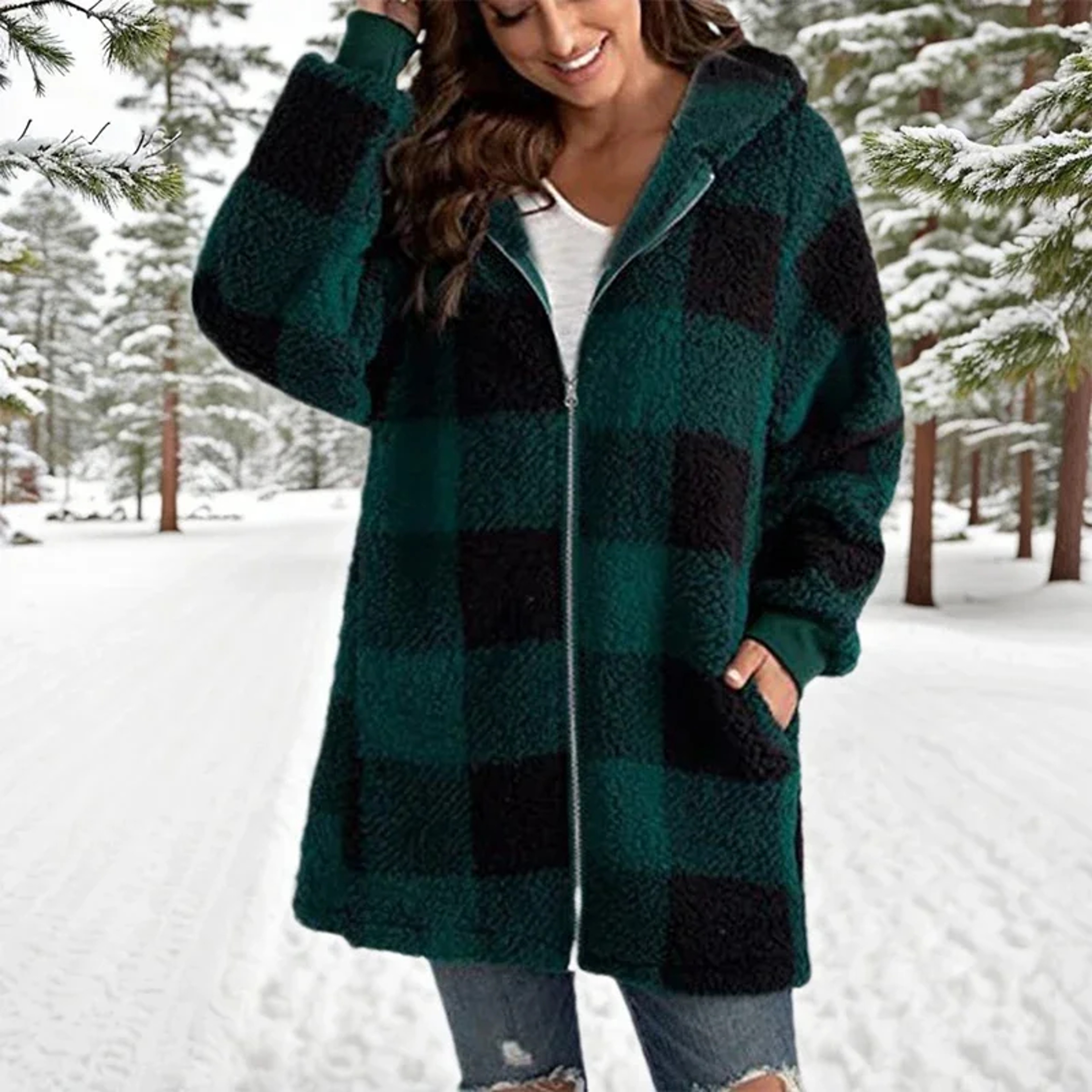 Winter Plush Jacket for Women, Plus Size Patchwork Hooded Outwear, Fashion Plaid and Striped Design, Long Sleeved – view 6