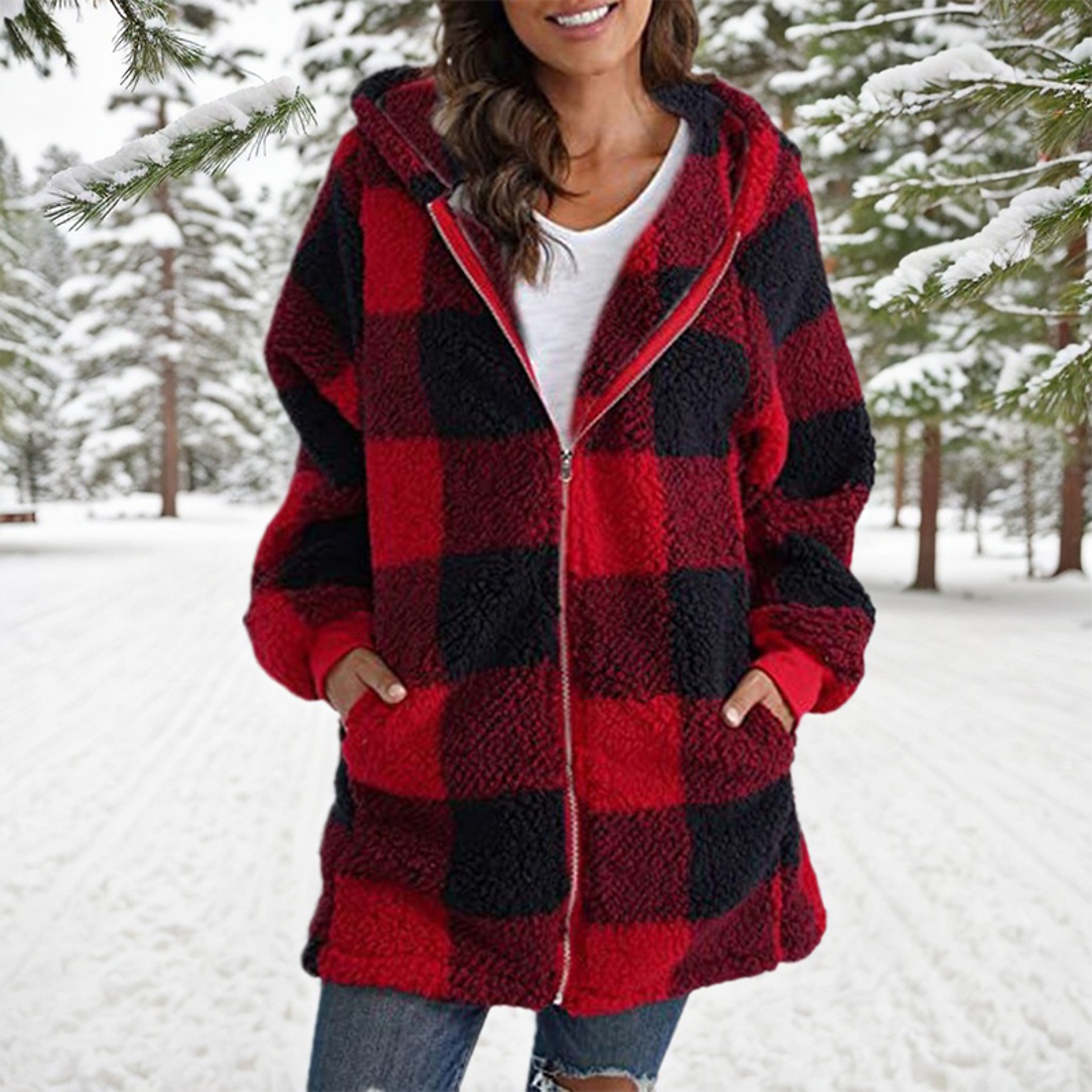 Winter Plush Jacket for Women, Plus Size Patchwork Hooded Outwear, Fashion Plaid and Striped Design, Long Sleeved – view 7