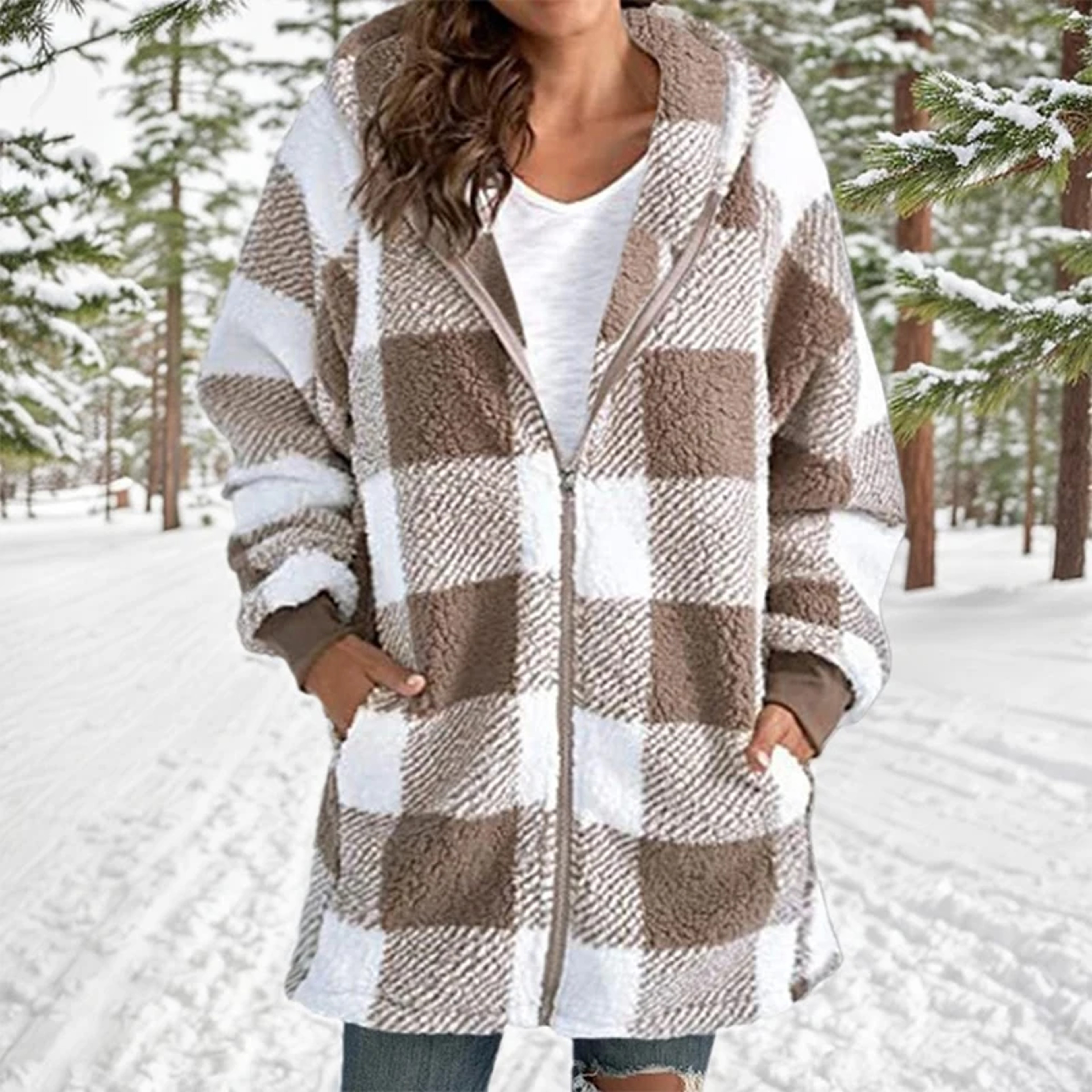 Winter Plush Jacket for Women, Plus Size Patchwork Hooded Outwear, Fashion Plaid and Striped Design, Long Sleeved – view 9