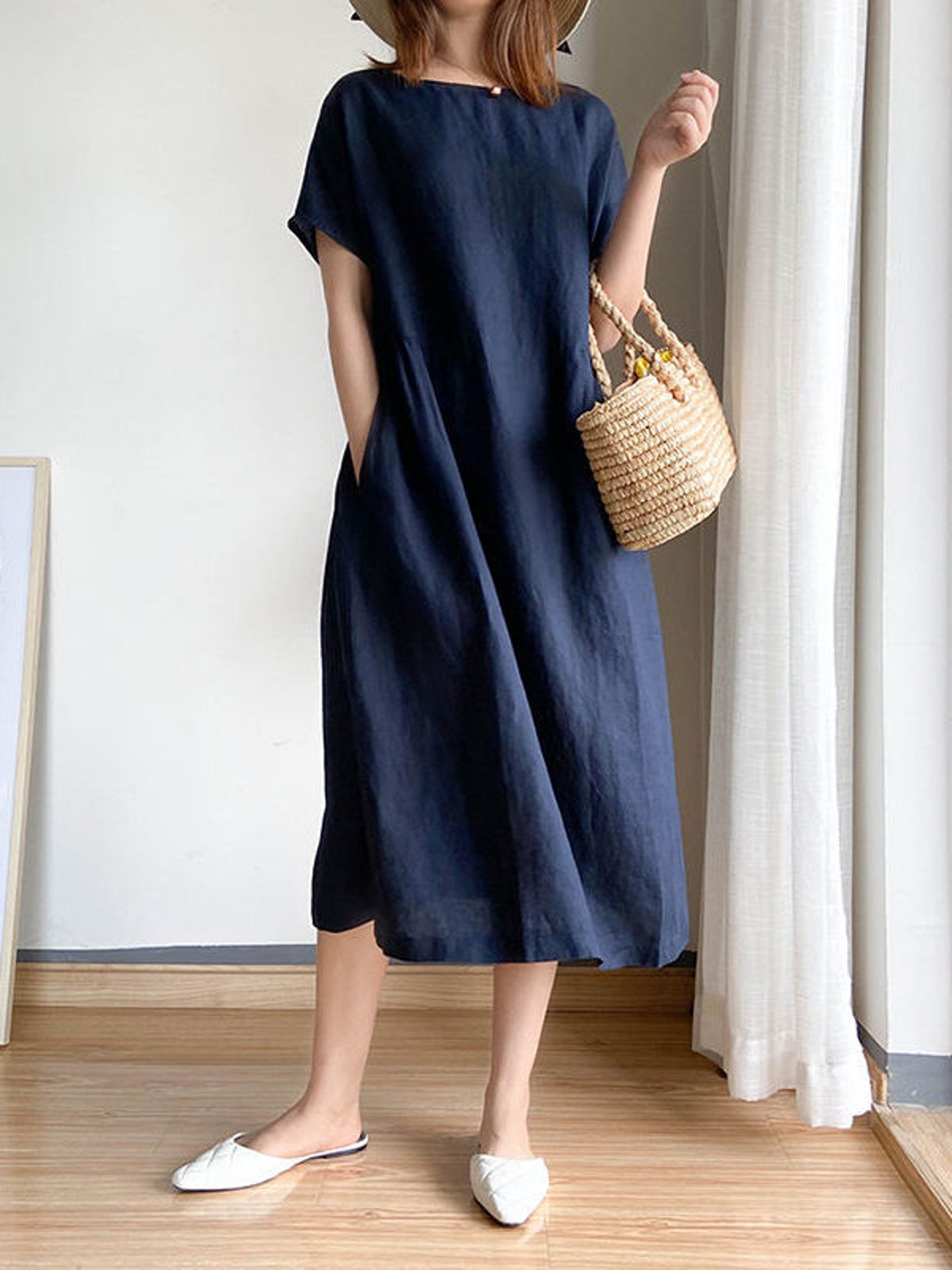 Summer Linen Midi Dress, Loose Fit, High Waist, A-Line, Short Sleeve – view 3