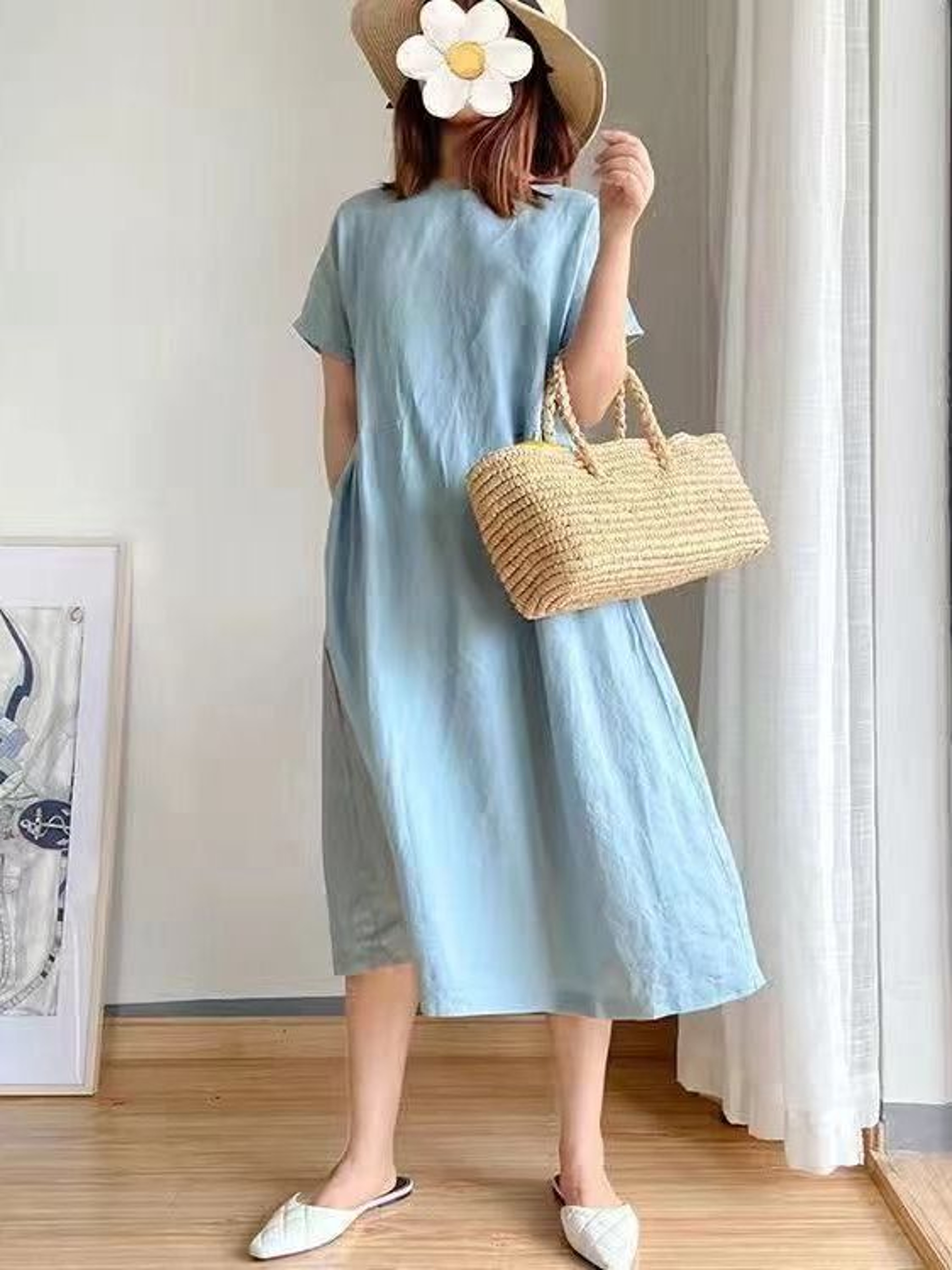 Summer Linen Midi Dress, Loose Fit, High Waist, A-Line, Short Sleeve – view 4