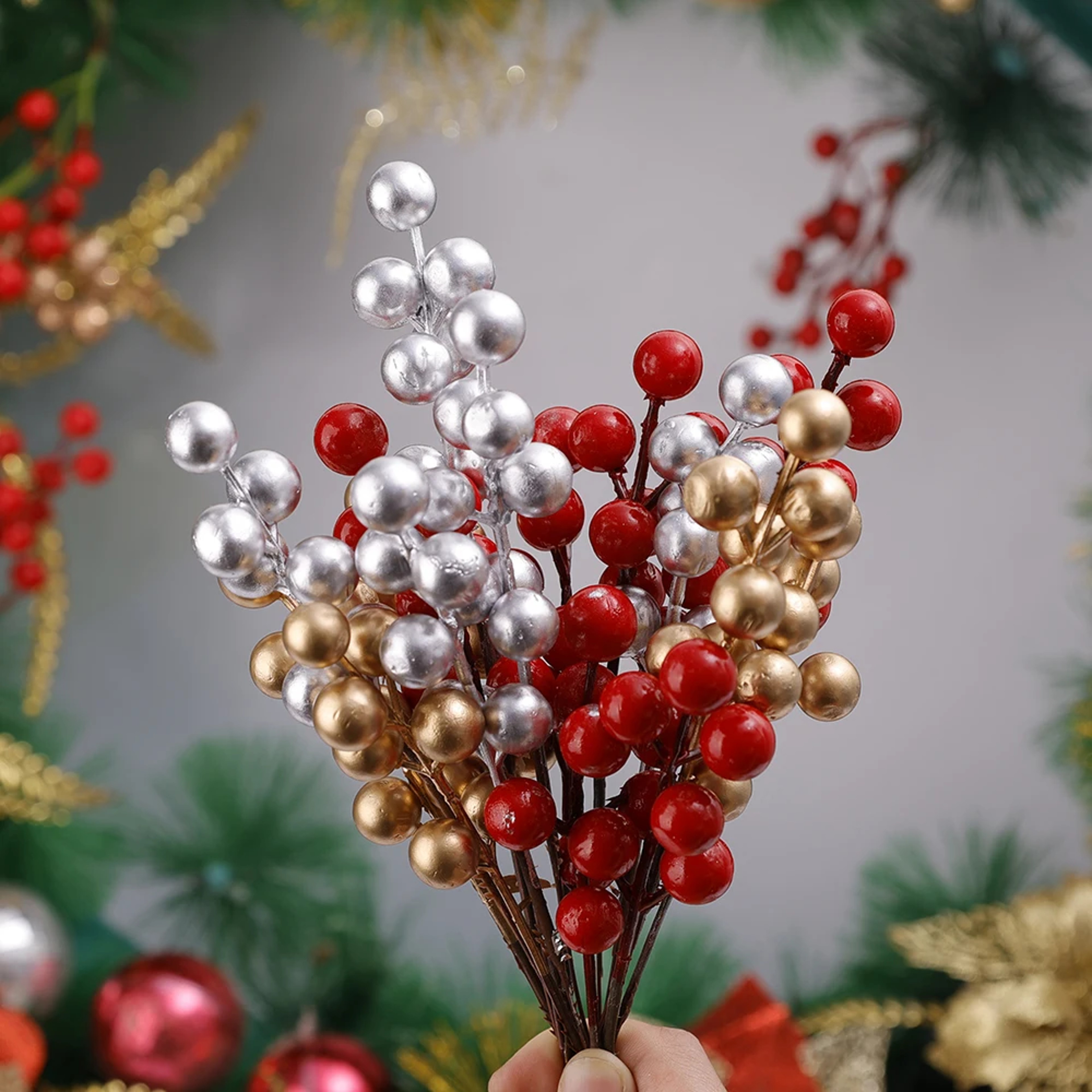 Christmas DIY Floral Wreath Ornament Artificial Berries Red Gold Silver Cherry Stamen Fake Berries  0