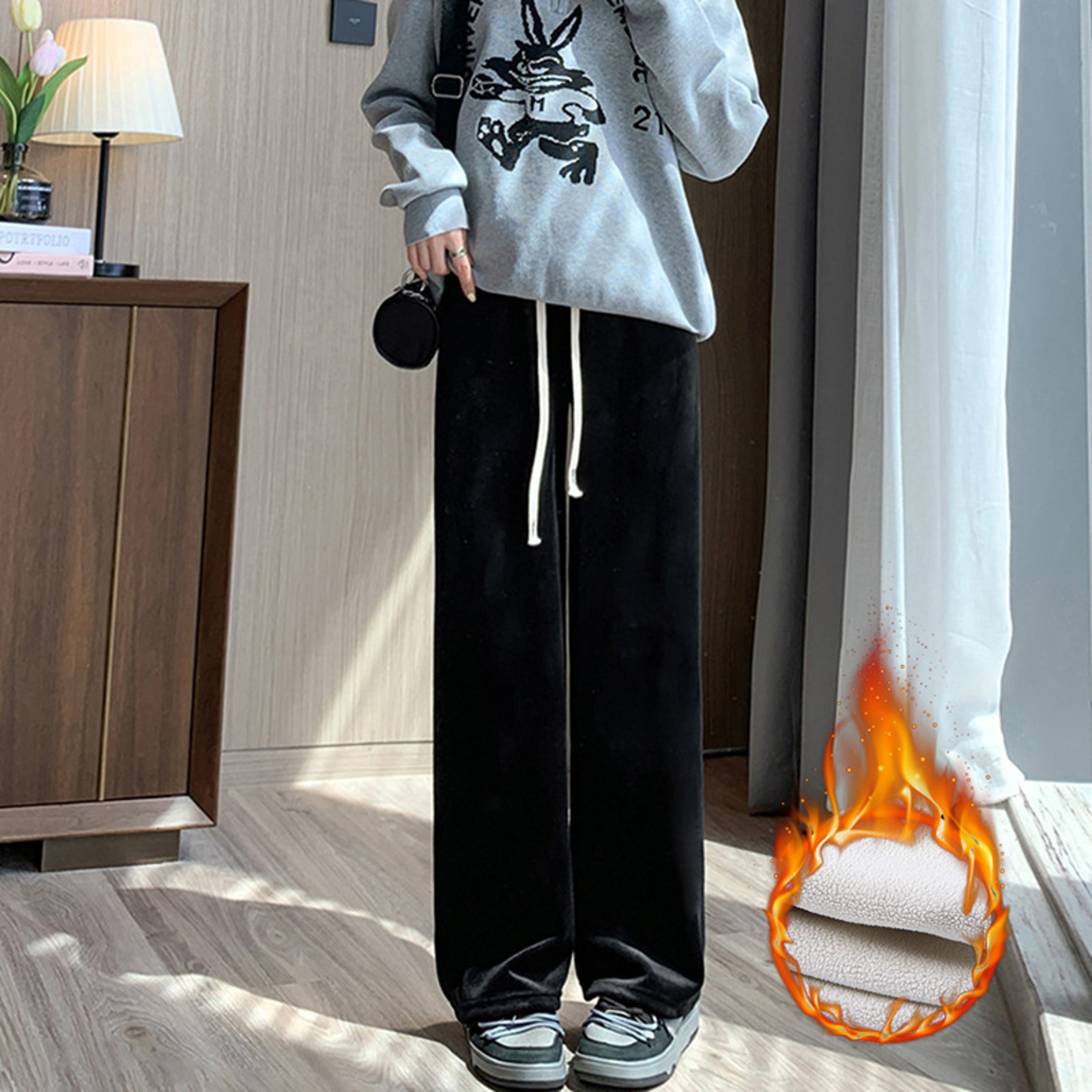 Winter Women Fleece Pants, Wide Leg Trousers, Thicken Warm Elastic Waist, Casual Loose Long Bottoms – view 1